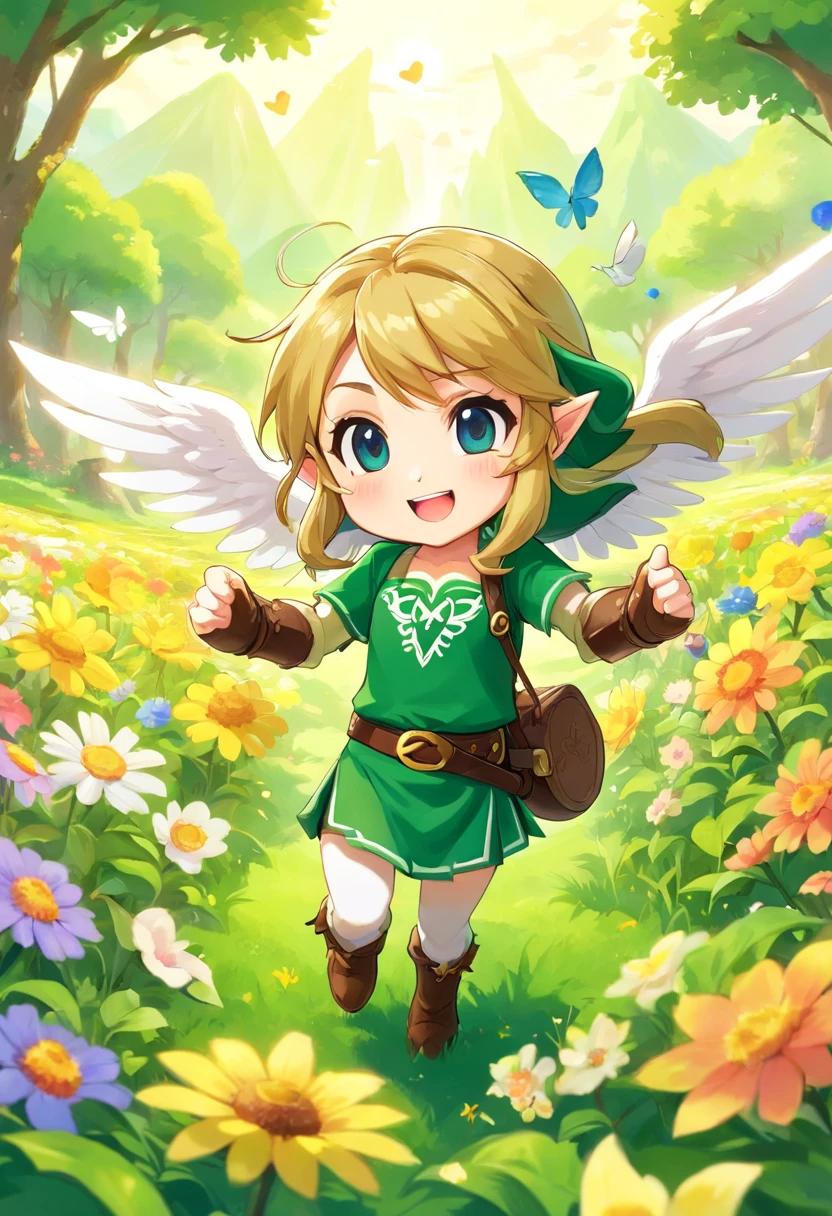 tchibi、White double-winged、Leprechaun、A dark-haired、Laughing、Floating、flower  field、PastelColors