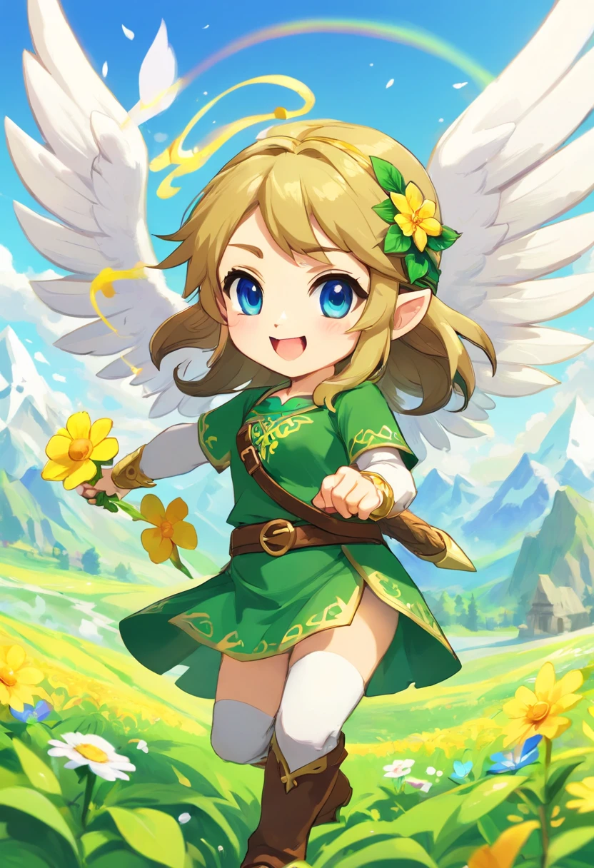 tchibi、White double-winged、Leprechaun、A dark-haired、Laughing、Floating、flower field、PastelColors