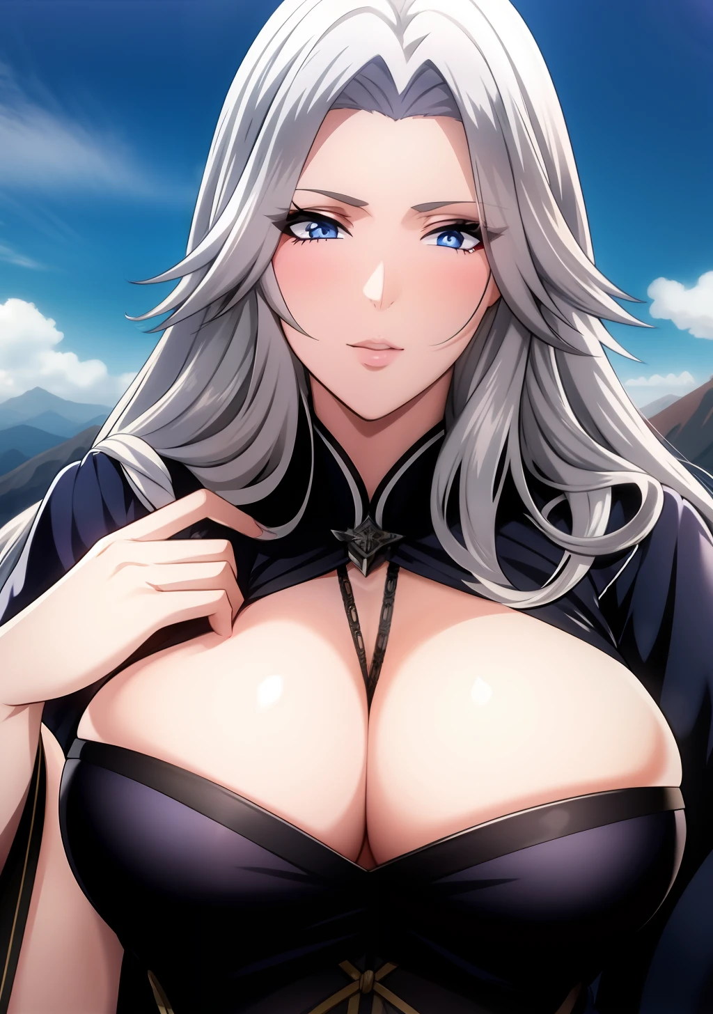 Big tits, silver hair, blue eyes, black kimono, cleavage, long hair, intrincate details, detailed, masterpiece, best quality, 4K, HDR, mountain, upperbody,