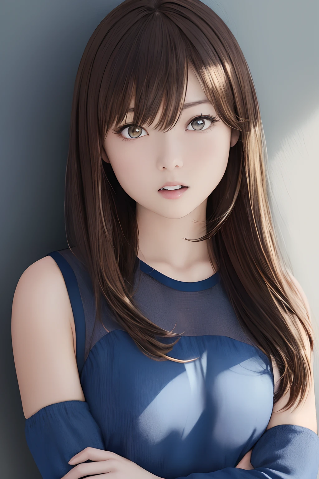 an oil painting、Top image quality、(((Brown hair)))front facing、Pull angle of view、1girl in,Pitch black background、 Solo, masutepiece, Best Quality, Rinoa, Blue Duster, Blue wristband, Upper body, Portrait, angry、open open mouth、Glaring、Arms crossed in front of the chest