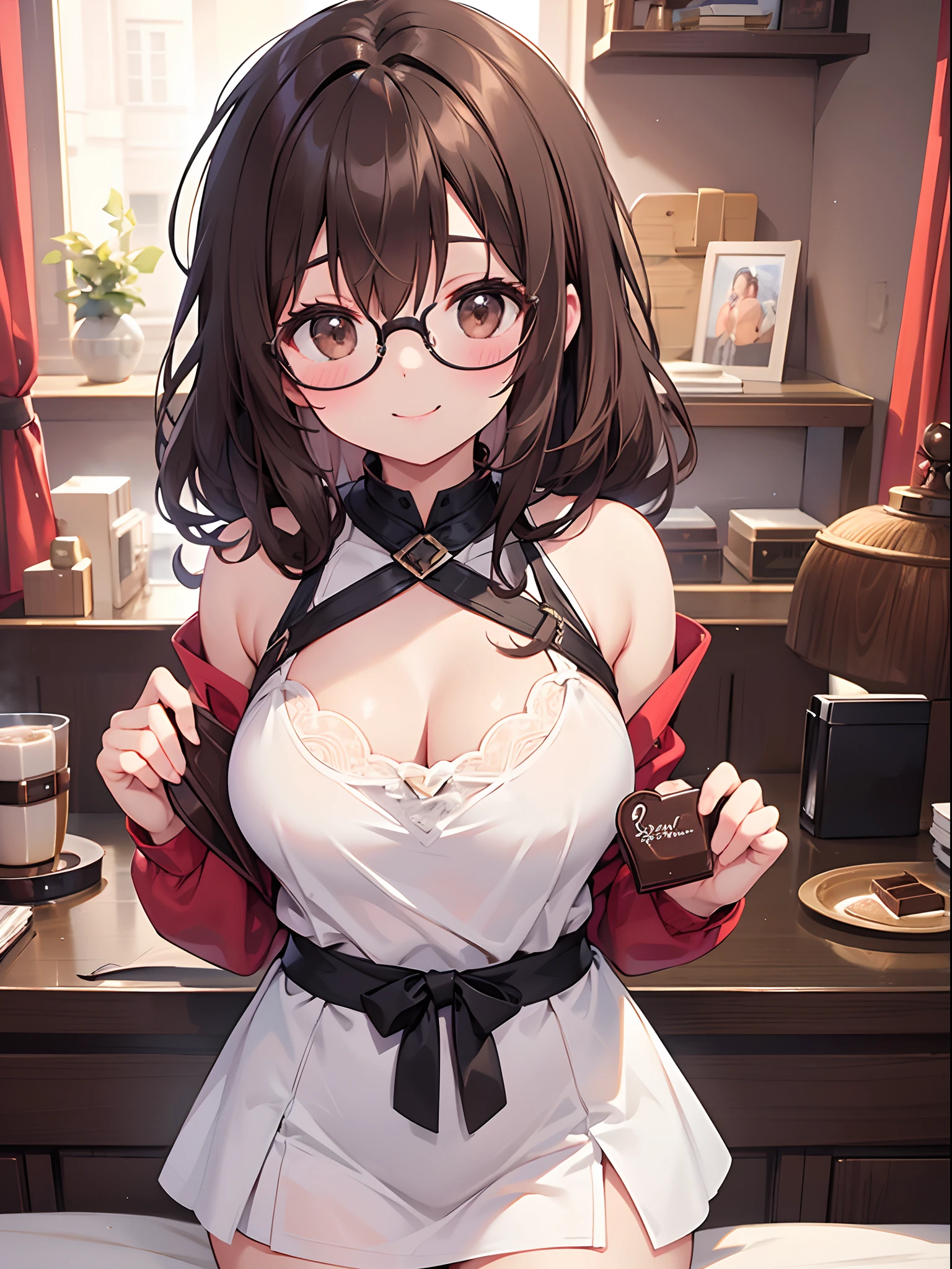 1 female、brown haired、Brown eyes、Black-rimmed glasses、seductive boobs、gorgeous faces、Perfect body。Best Quality、ultra-detailliert、8K resolution、Raw photo、masutepiece。Valentine’s Day、chocolate。a smile。
