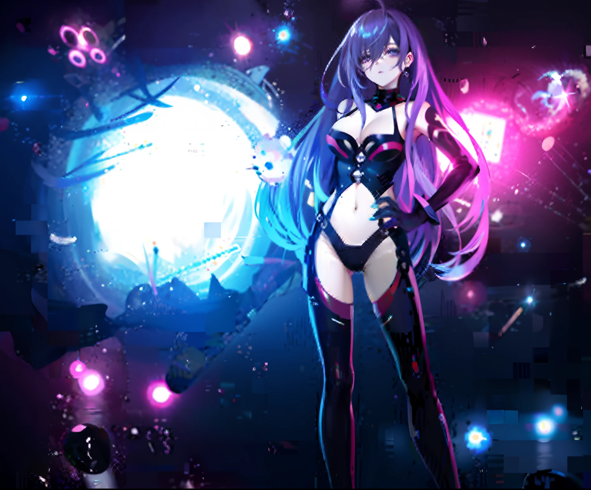 Garota anime em uma roupa preta com um cabelo roxo e azul, night core, darkness aura, aura escura, vocalóide, Grande)}], Anime Girl with Cosmic Hair, KDA, Anime Wallaper, dark purple hair and cybernetics, anime", estilo cyber universe, Estilo anime 4K, arte anime de alta qualidade, Deusa ciborgue no cosmos, amigo