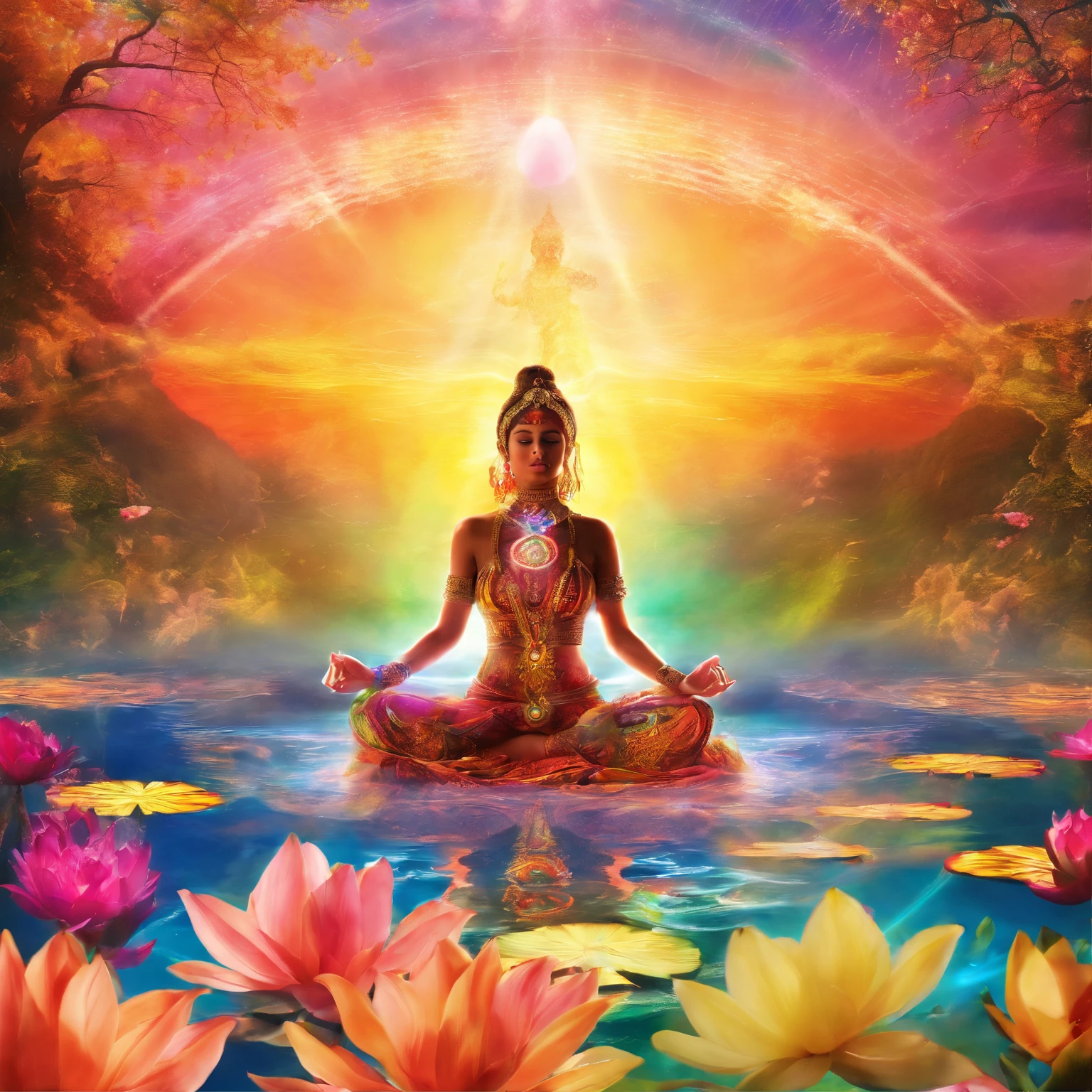 Colorful glow, Yoga position light spectrum with the seven chakras around, vibrante colorsa colorslashh An explosion of colors, Beautiful woman in white sitting on water lilies, complex stuff around, intricate in the background, Spiritual, divine, dreamlike, cosmic, mind blowing, god, pineal gland, dream like, (extremely detailed CG unity 16k wallpaper:1.1), (Denoising strength: 1.45), (tmasterpiece:1.37), hyper realistic, god rays, ray tracing, UHD, award winning