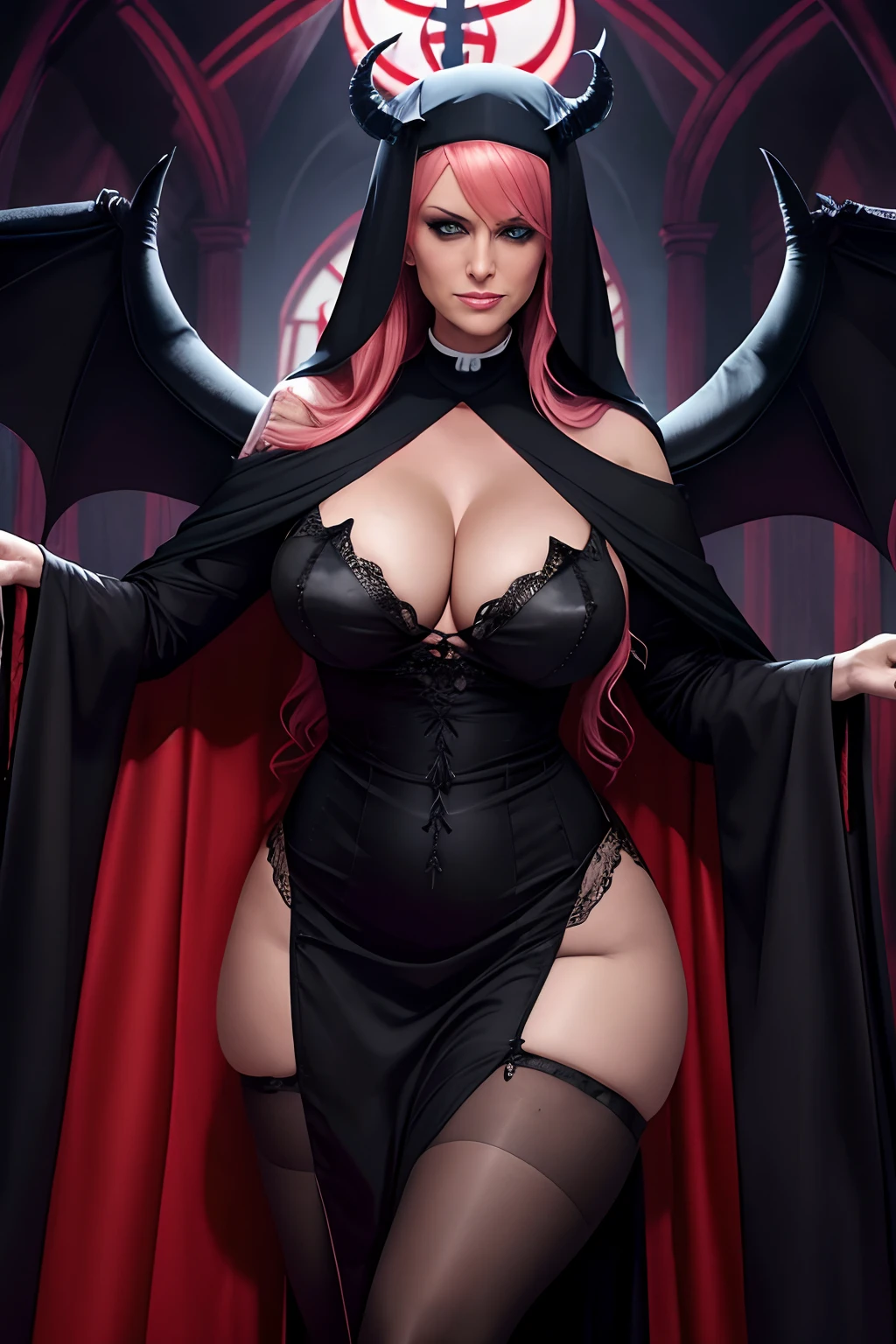 Stormy Daniels: The evil nun,en robe de nonne sexy, Two Demon Horns on the head, rouge & Black Demon Wings, diabolique, insidieux, Dark and Sinister Satanic Church