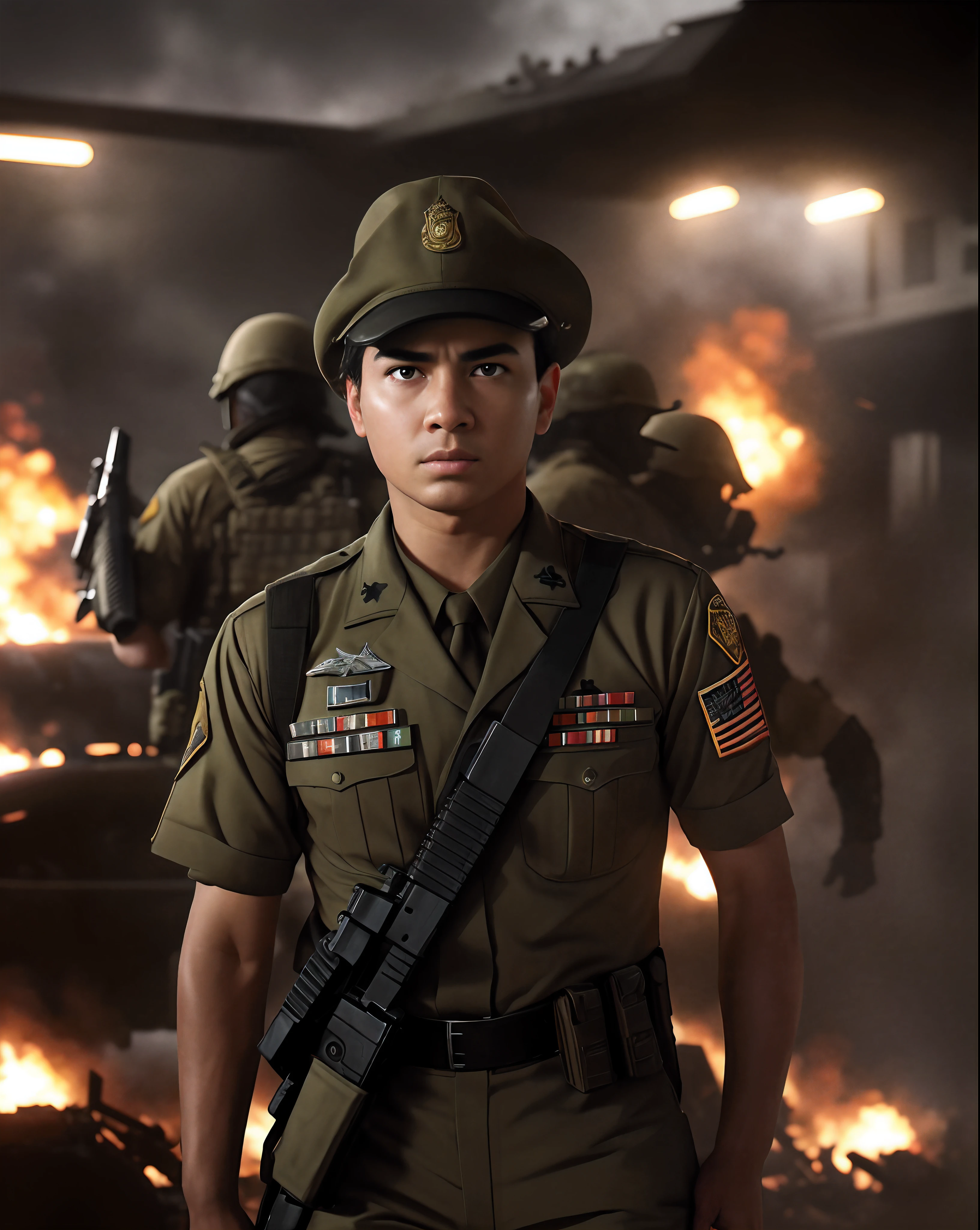 Make this picture like a call of duty game,background a battlefield