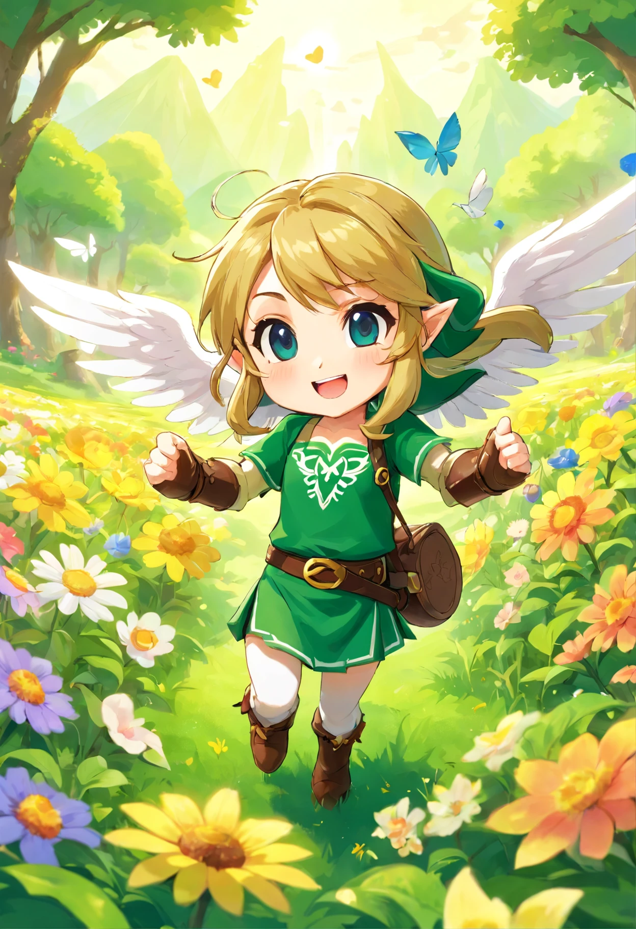 tchibi、White double-winged、Leprechaun、A dark-haired、Laughing、Floating、flower field、PastelColors