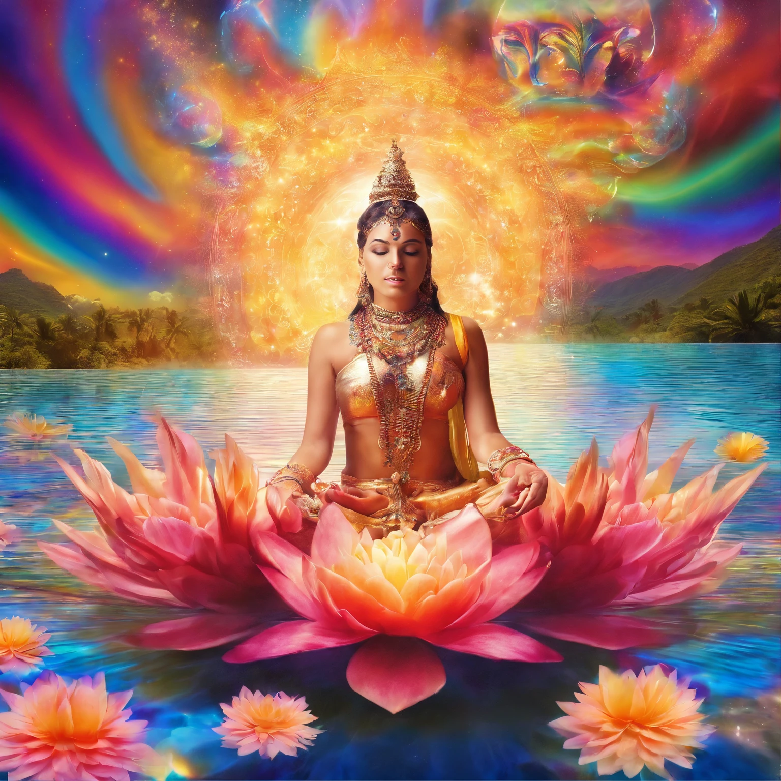 Colorful glow, Yoga position light spectrum with the seven chakras around, vibrante colorsa colorslashh An explosion of colors, Beautiful woman in white sitting on water lilies, complex stuff around, intricate in the background, Spiritual, divine, dreamlike, cosmic, mind blowing, god, pineal gland, dream like, (extremely detailed CG unity 16k wallpaper:1.1), (Denoising strength: 1.45), (tmasterpiece:1.37), hyper realistic, god rays, ray tracing, UHD, award winning