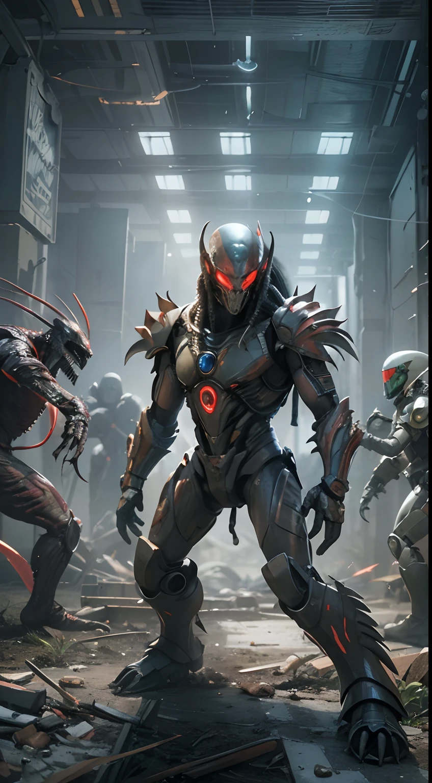 Movie scene of Predator fighting bloody alien monsters with laser knives, alien monsters with scary shapes, long heads, long claws. Predator with futuristic battle suit, epic and dramatic battle in the ruined city, 8 humans in the distance are fighting together, all wearing futuristic battle suits, futuristic design, masterpiece, best quality