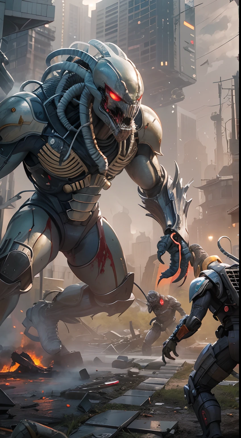 Movie scene of Predator fighting bloody alien monsters with laser knives, alien monsters with scary shapes, long heads, long claws. Predator with futuristic battle suit, epic and dramatic battle in the ruined city, 8 humans in the distance are fighting together, all wearing futuristic battle suits, futuristic design, masterpiece, best quality