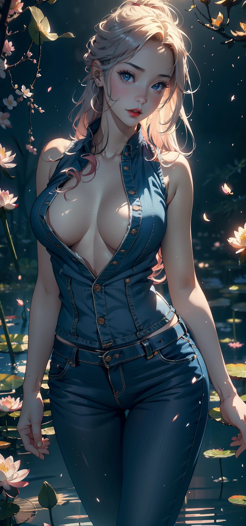 1female，45 yers old，Married Woman，熟妇，plumw，extremely large bosom， 独奏，（Background with：ponds，Cherry blossom forest，lotus flower）standing underwater， She has long pink hair，seen from the front，， mostly cloudy sky，（（（tmasterpiece），（Very detailed CG unity 8K wallpaper），best qualtiy，cinmatic lighting，detailed back ground，beatiful detailed eyes，Bright pupils，Black eyes，Snow-whiteskin，Redlip（Very fine and beautiful），（Beautiful and detailed eye description），ultra - detailed，tmasterpiece，））facing at camera，A high resolution，ultra - detailed），revealing breasts，Bare genitalia，  Bulge，legs are open，Raised sexy，Camel toes，Desire for dissatisfaction，frontage，（Wearing：Blue denim vest，Bare ）