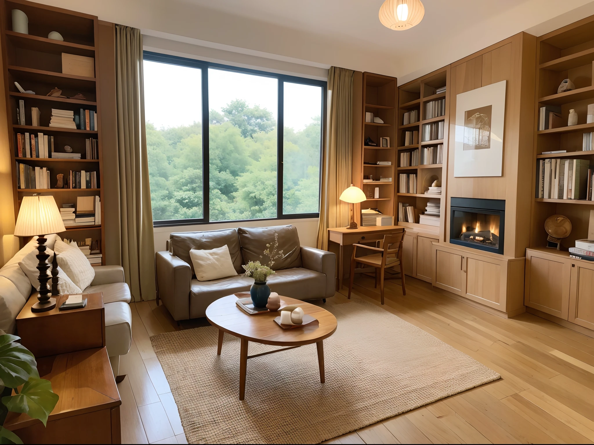 a cozy book-filled library, wooden bookshelves, a comfortable reading chair by the window, a warm and inviting atmosphere, soft natural light streaming in, dusty old books, a wooden desk with a vintage lamp, a cup of hot tea, a vintage typewriter, a cat curled up on one of the bookshelves, a fireplace with a crackling fire, a cozy rug on the floor, a ladder sliding along the shelves, the smell of old paper and ink, a window overlooking a garden, a sense of tranquility and peace, the sound of pages turning, a faint hint of nostalgia, a quiet sanctuary for book lovers, an escape from the outside world. (best quality, highres), cozy and inviting, vintage and nostalgic, warm color tones, soft and gentle lighting.