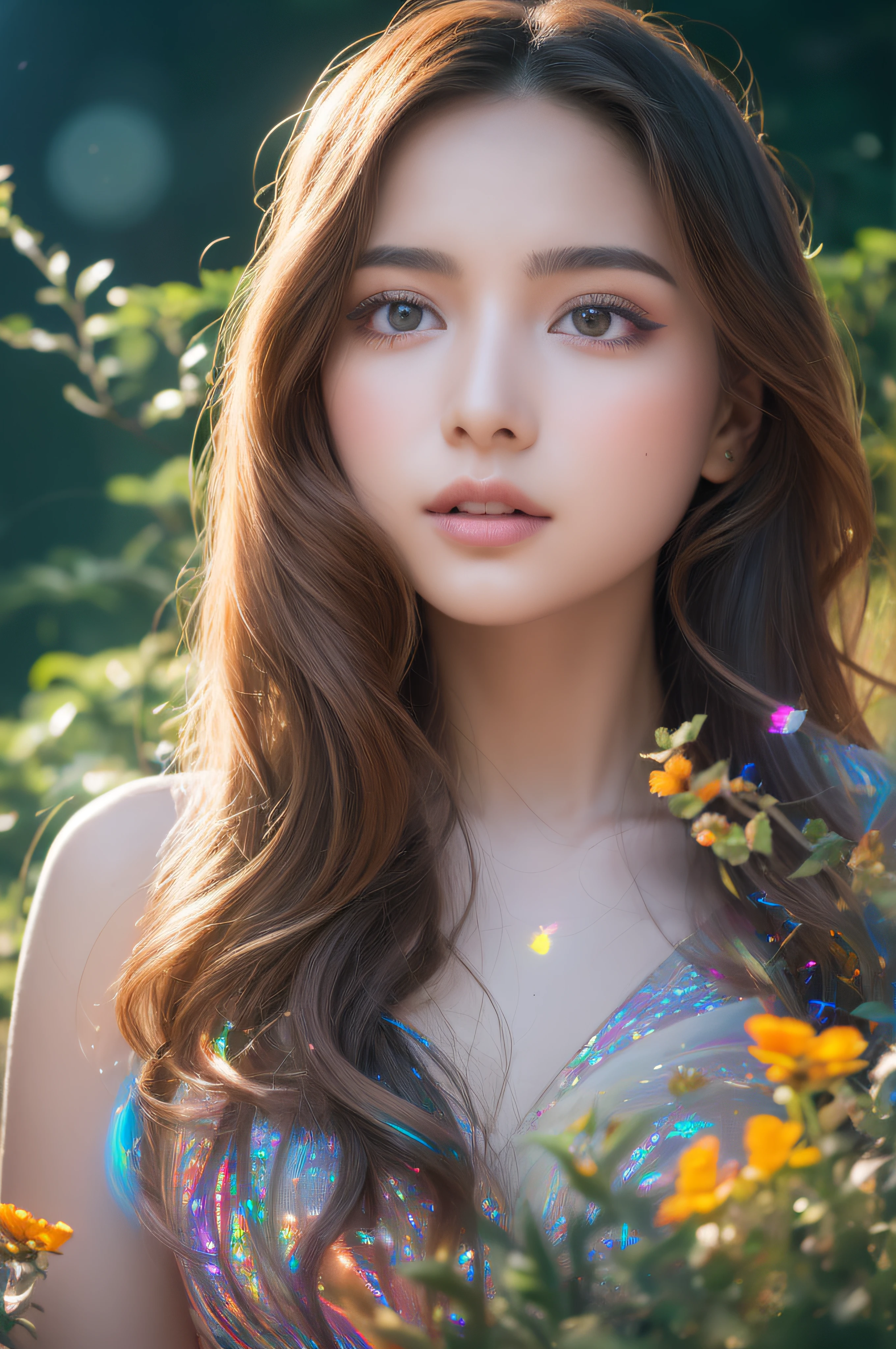 close up portrait of young woman with vibrantblowing hair and mesmerizing eyes, wearing a flowing dress made of petals, in a serene garden filled with blooming flowers, a representation of beauty and grace, charming, cute, beautiful, ultra detailed, dream like shot, 8k, sunset,((holographic))), (((rainbowish))), expressive, cinematic, dynamic pose,midjourney