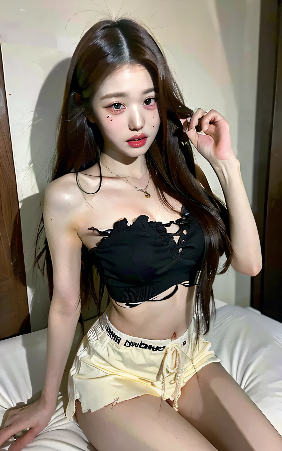 (top quality, 8k, masterpiece: 1.3), pretty woman with perfect figure: 1.4, dark brown hair, big, wearing pendants, torn shorts, sleeping in bedroom, highly detailed face and skin, detailed eyes, double eyelids