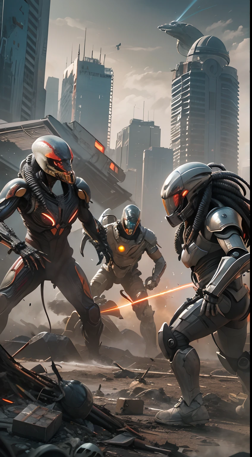 Movie scene of Predator fighting bloody alien monsters with laser knives, alien monsters with scary shapes, long heads, long claws. Predator with futuristic battle suit, epic and dramatic battle in the ruined city, 8 humans in the distance are fighting together, all wearing futuristic battle suits, futuristic design, masterpiece, best quality