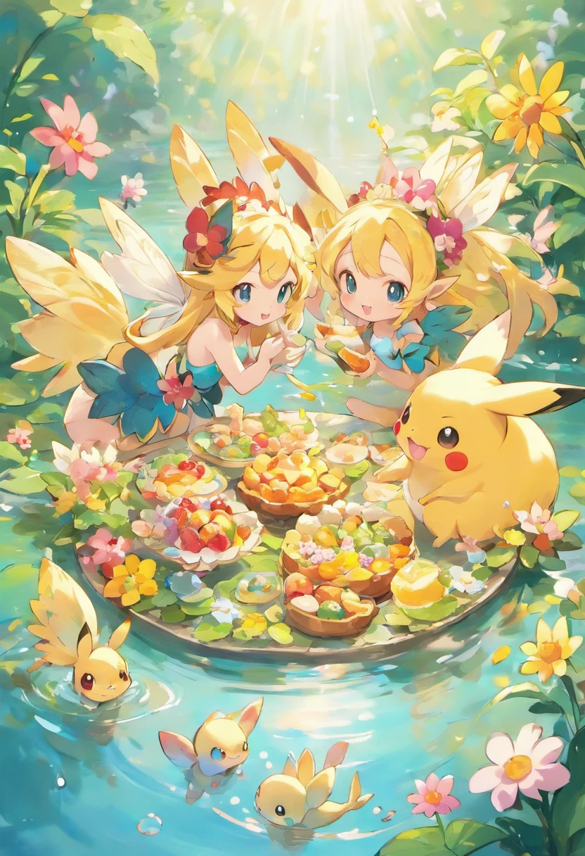 Cute fairies hold a feast in a lake surrounded by flowers