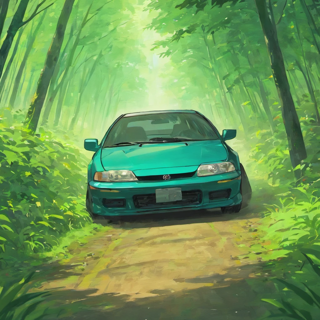 A real blue honda civic eg9 car,Drive through the forest,the grass fields ,Realistic background,Background of details