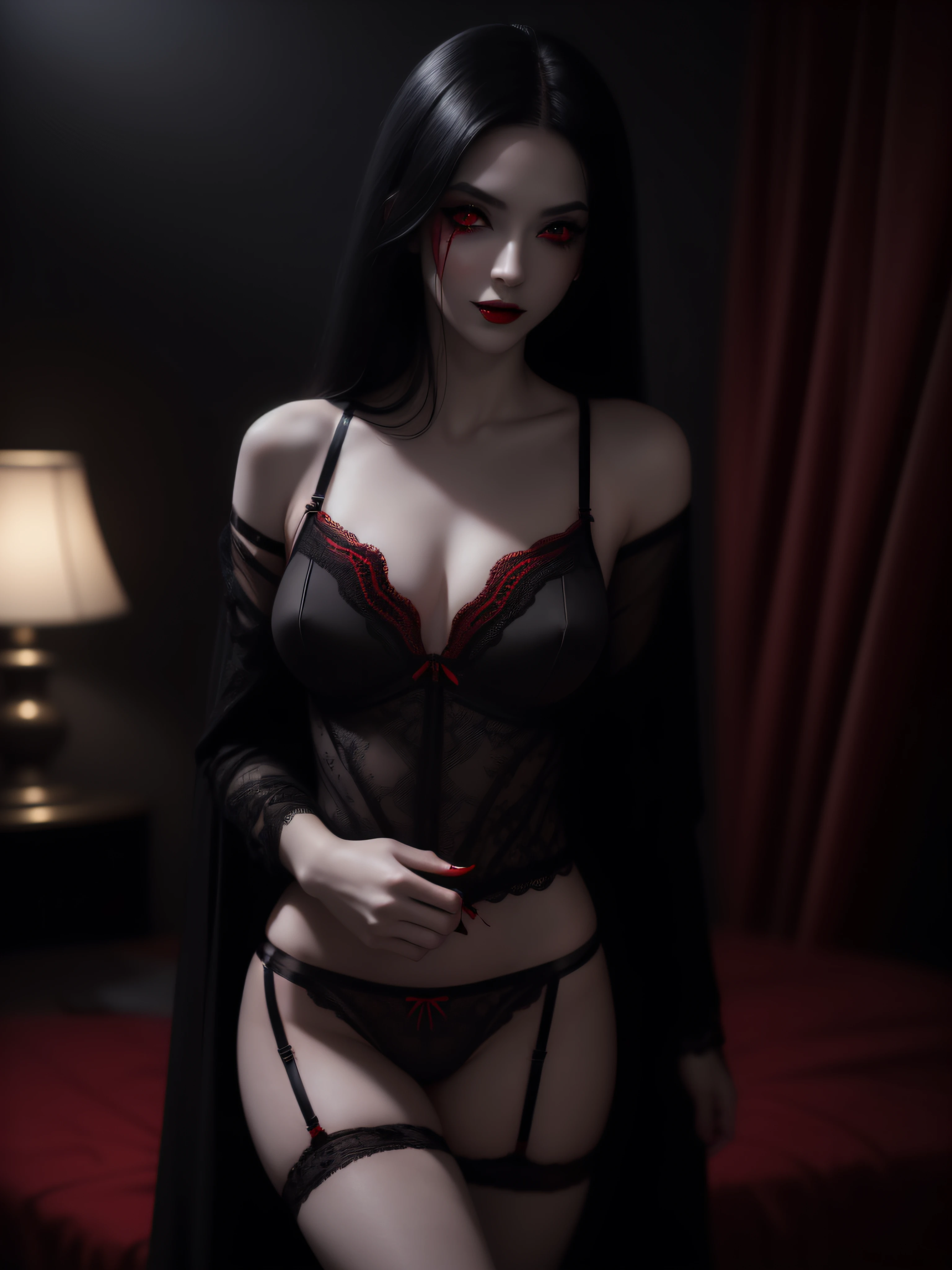 ((8K, Best quality, High-Resolution:1.35, Raw photo:1.2, Photorealsitic:1.37, masterpiece: 1.25)), Sweatiness:0.2, Dramatic lighting, photon mapping, radiosity, symmetry, complexity, elegance, anatomically correct, ((1 girl)), ((long black hair, bloody red eyes: 1.2)), (long eyelashes), pale skin, eye shadow, messed up makeup, clear facial features, alluring, attractive, ((sexy black lingerie:1.35)), succubus, bloody bedroom, dimly lit, dark, sadistic smile,