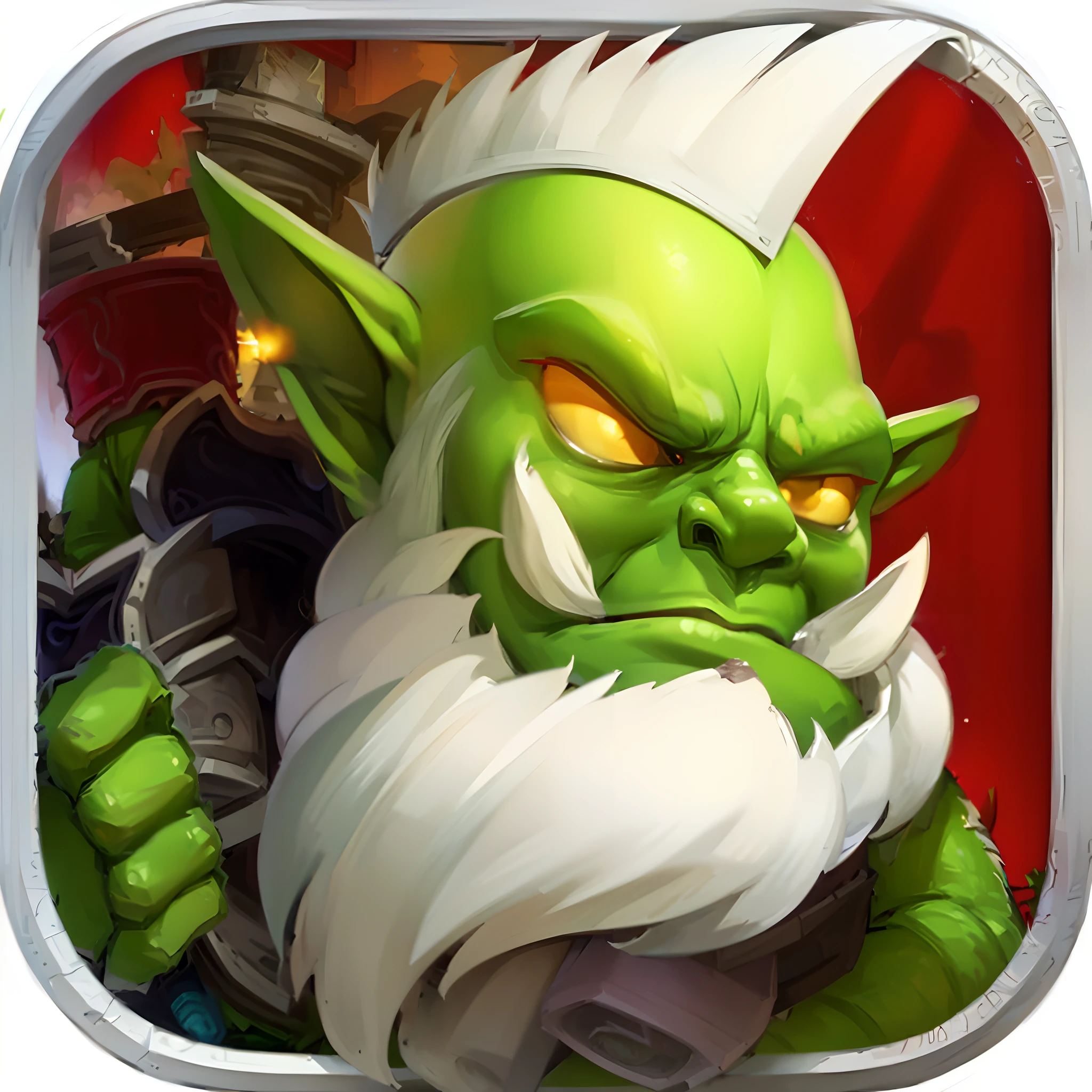 A green troll with white beard and red background, epic legends game icon, goblin, Leprechauns and trolls, drak fantasy goblin, gnoll, gaming console, gapmoe grimdark, targ nar, mobile game style, orc warrior, dwarf, Goblin attack, epic battle screen of hero, menacing orc, Orc symbaroum, Legend, okeh