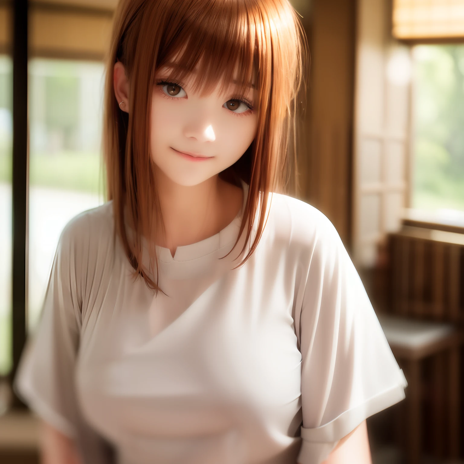 (8K,4K、top-quality)、1 girl in Japan、20yr old、Long T-shirt、Cardigan、hotpants、natural soft light、(Front view)、light brown hair、Medium Hair、二重まぶた、perfectbody、shinny skin、Make eye contact with the camera、A smile、plein air