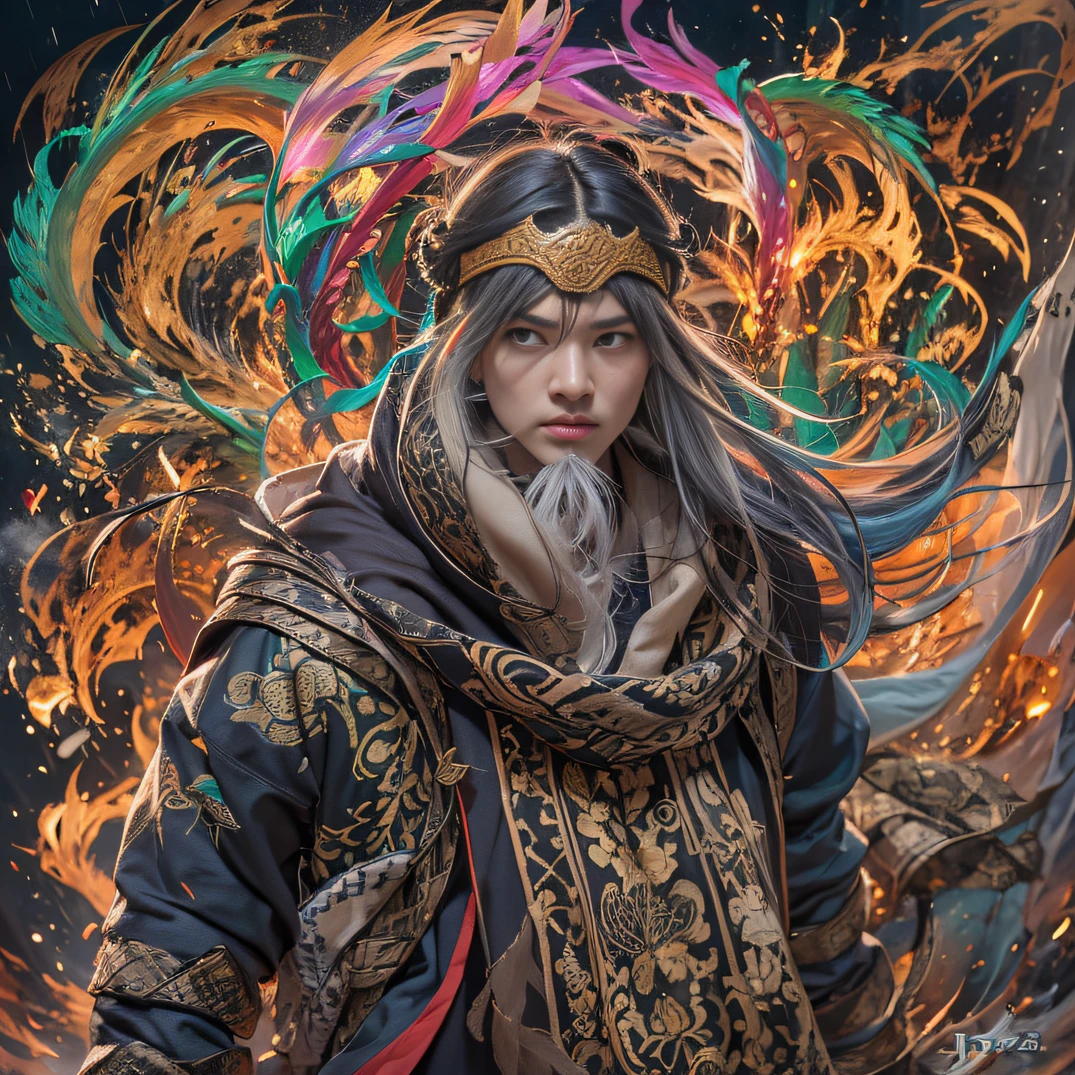 （Sunny）My eyes were full of confusion，He clenched his fists，Rush up，Deliver a fatal blow to your opponent，full bodyesbian，Full Body Male Mage 32K（tmasterpiece，k hd，hyper HD，32K）Flowing black hair，The camp is disorganized，zydink， Rainbow colors， patriot （rainbowing）， （Linen batik scarf）， Angry fighting stance， looking at the ground， Batik linen bandana， Chinese python pattern long-sleeved garment， （Abstract propylene splash：1.2）（（（rainbowing））），The male mage was furious，