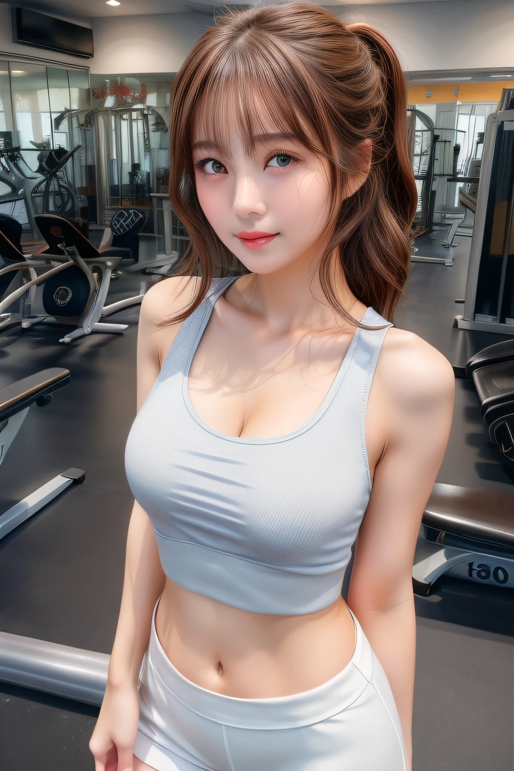 ((Top image quality、8K、​masterpiece：1.3))、Realistic high-quality photos、top-quality、girl cute-fine face、22 year old beautiful Japan girl、Photo of slim  girl model、Beautiful girl model、young japanese girl、Young cute face、japanaese girl、Beautiful Model Girl、The innocent look of the girl next door、lovely delicate face、Brown hair、Beautiful brown eyes、Tear bag、drooing eyes、young body、cleavage,[[Cameltoe]],Toned and glamorous body,(Tank Tops:1.3),(Hot Pants:1.3),Ponytail,Brown hair,Smirk,(Sweat in the chest),Looking at Viewer,((gym:1.2)),