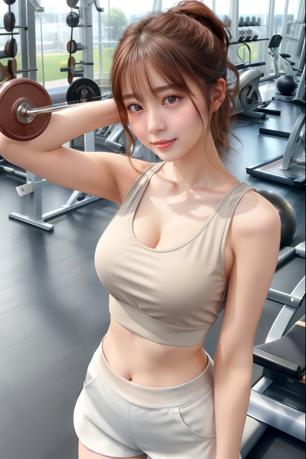 ((Top image quality、8K、​masterpiece：1.3))、Realistic high-quality photos、top-quality、girl cute-fine face、22 year old beautiful Japan girl、Photo of slim  girl model、Beautiful girl model、young japanese girl、Young cute face、japanaese girl、Beautiful Model Girl、The innocent look of the girl next door、lovely delicate face、Brown hair、Beautiful brown eyes、Tear bag、drooing eyes、young body、cleavage,[[Cameltoe]],Toned and glamorous body,(Tank Tops:1.3),(Hot Pants:1.3),Ponytail,Brown hair,Smirk,(Sweat in the chest),Looking at Viewer,((gym:1.2)),