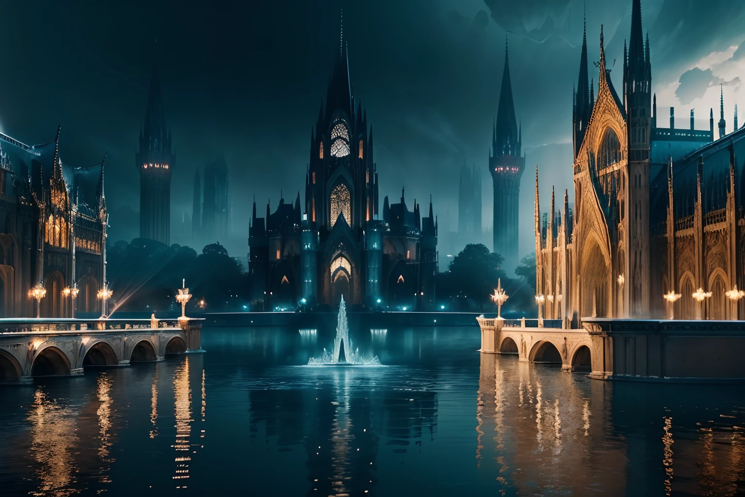 dark fantasy cityscape on water, stunningly beautiful and highly detailed world, rain of light and ice, creating a mesmerizing contrast between light and darkness, sense of magic and wonder, truly enchanting place, breathtaking display, already enchanting atmosphere, every aspect carefully rendered, mesmerized by the ultimate fusion, impeccable quality, highest quality, highly quality, ethereal quality, ultimate quality, enchanting quality, cinematic still, (((water in all its glory:1.3))), stunning beauty detail glow captured resolution, ((intricate detail architecture and advanced technology rendered:1.3)), (((stunning extremely detail texture:1.2))), (((in all its glory and grace:1.3))),