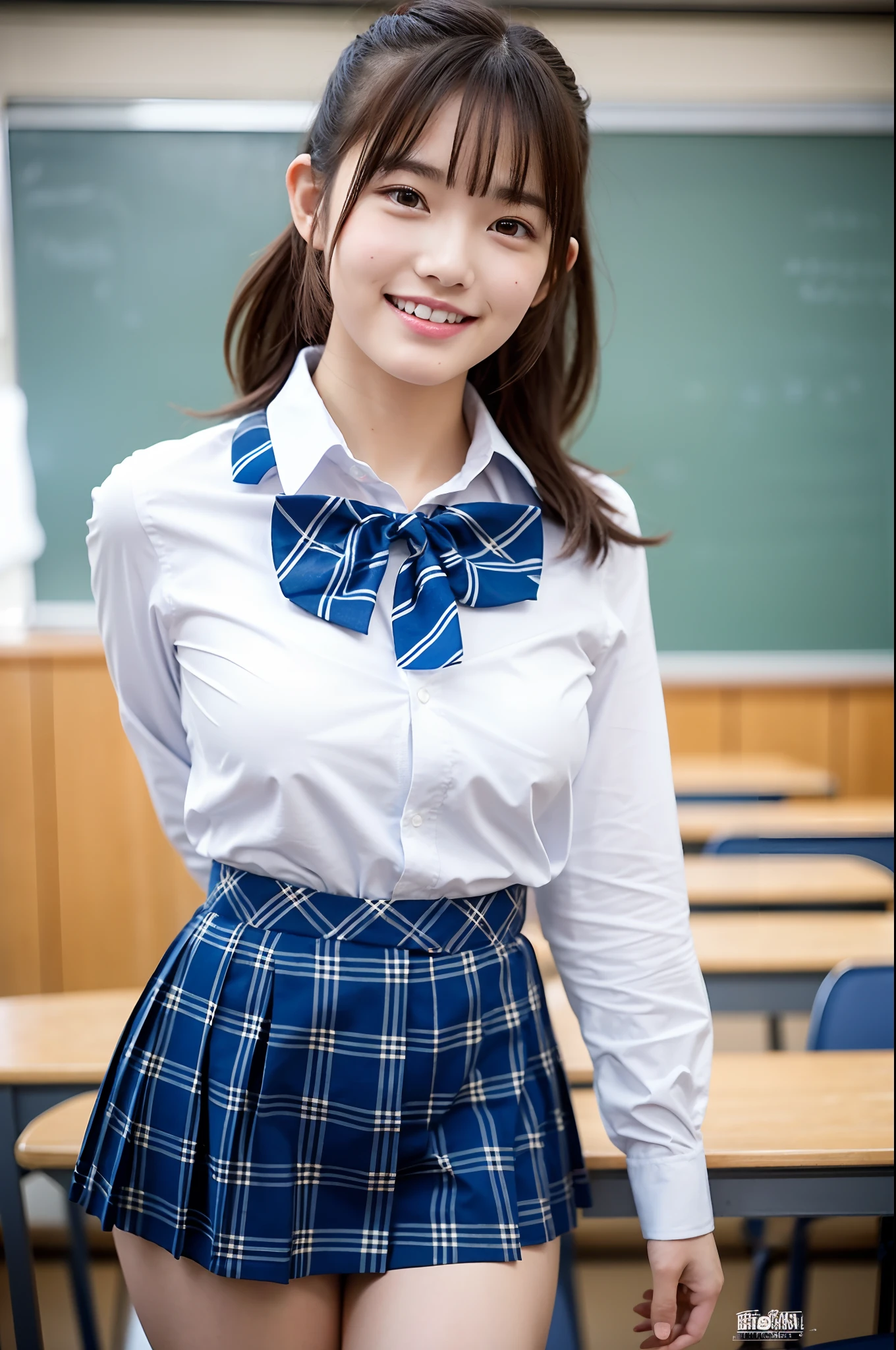 girl standing in school classroom,school uniform with blue plaid bow tie,18-year-old,bangs,a little smiles,thighs,knees,short cut hair,low ponytail,from below