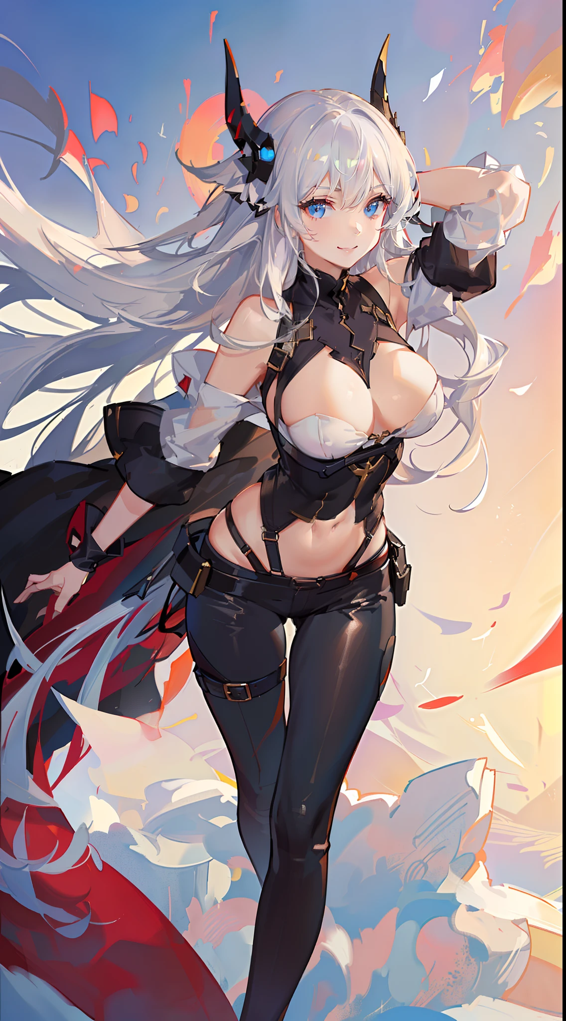 Adult woman, Long white hair, blue eyes, Smile, Red tight top, Huge-breasts, open belly, Combat pants, hands behind head, hiquality, 4k, HD, Good detail