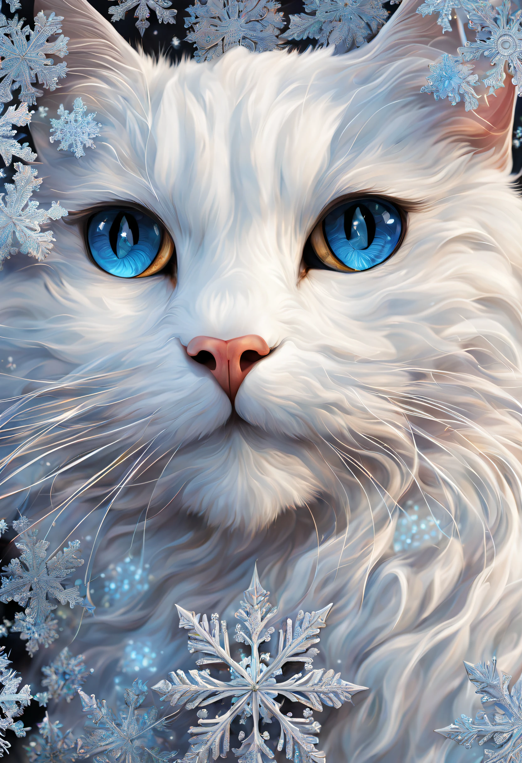 (masterpiece、top-quality、top-quality、Official Art、Beautifully Aesthetic:1.2)、(1 Cat:1.3), A highly detailed、(Fractal Art:1.1)、(colourfull:1.1)(Snowflake:1.3)、The most detailed、(Zentangle:1.2)、full bodyesbian、(abstract background:1.3)、(shinny skin)、(white colors:1.4)、、(耳Nipple Ring)、(yuki:1.5)、Works of masters,high quarity,8K分辨率,super-fine,Detailed pubic hair,acurate,Cinematic lighting,
