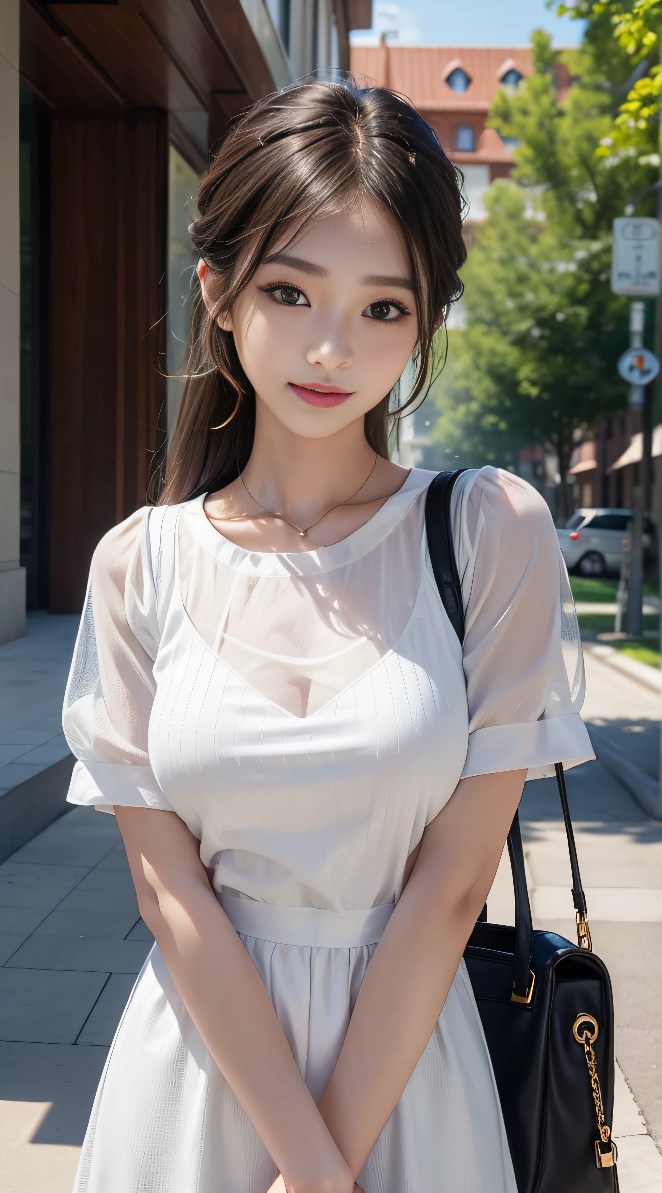masterpiece、Top image quality:1.2、((beautiful young woman with))、Transparent skin:1.2、{A slight smil}、(kawaii)、Short sleeve knit:1.5、luxury hotel、depth of fields、Sharp Focus:1.5、Fine details、The chest is sheer