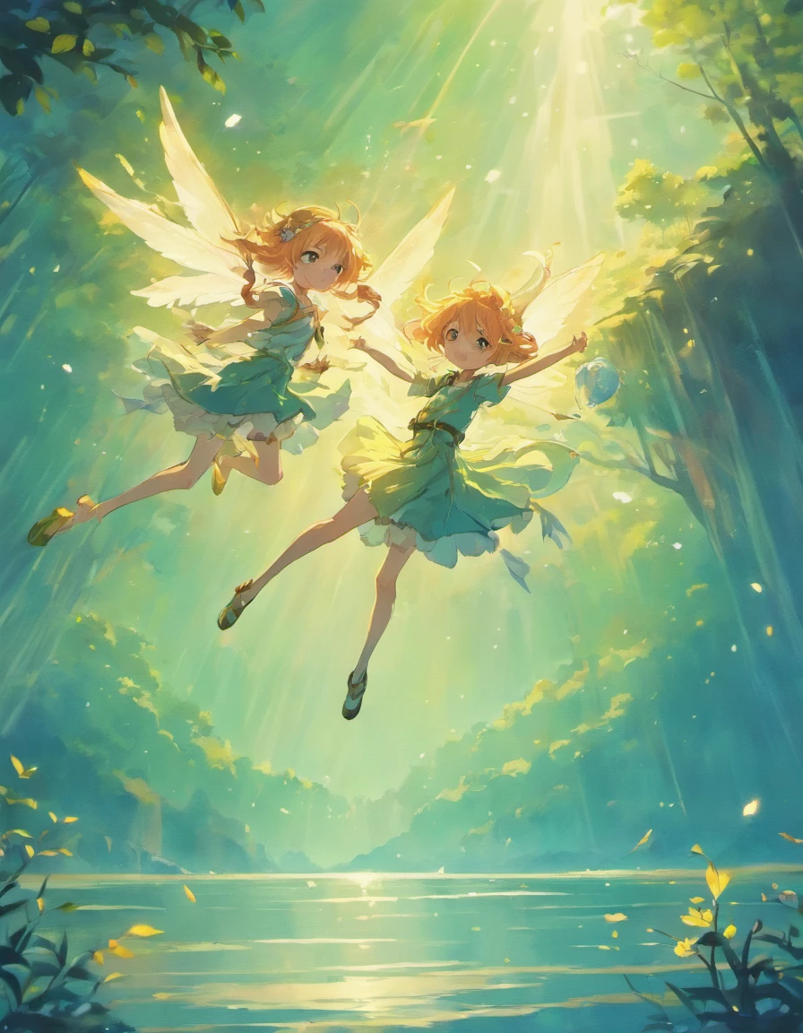 Cute fairies flying over the lake