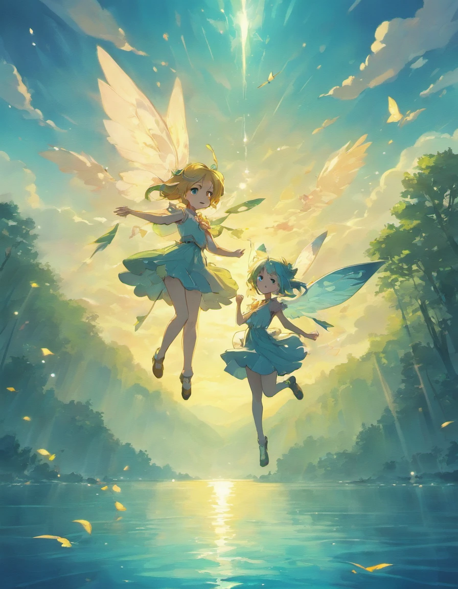 Cute fairies flying over the lake