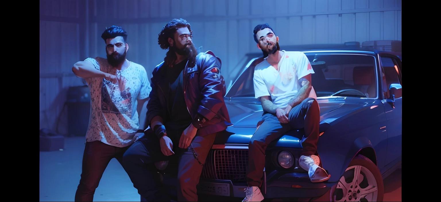 three men sitting on a car in a garage, blue and red lighting, guy in the middle wearing a puffer jacket with a beard and curly curtain hair, anime style drawing, man on the right in anime style wearing white tshirt and small curly hair, man on the left wearing a white tshirt, dark skinned with a beard in anime style