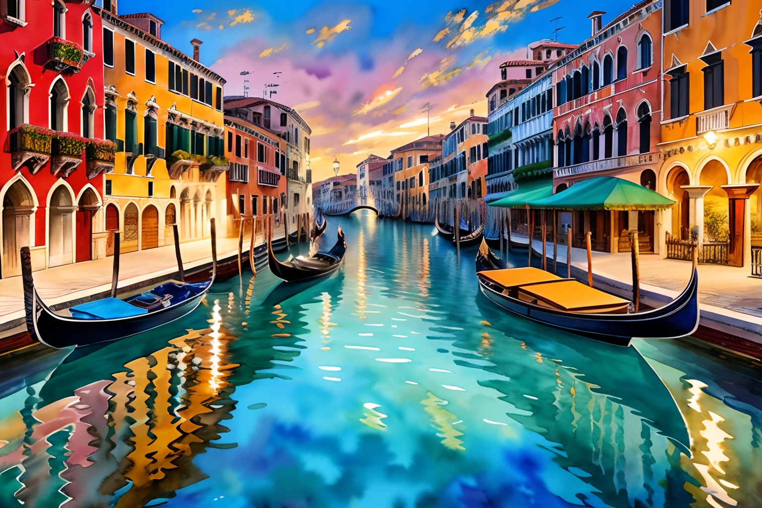 stunning watercolor painting of the unparalleled beauty of Venice, with intricate details and vibrant colors that will transport you to this magnificent city, autumn leaves, experience the unique charm of through a masterful palette knife rendering, stunning tachism style, special techniques and the finest quality, dark coating, (intricate details:1.3), (highly quality:1.3), extremely beautiful fine art,