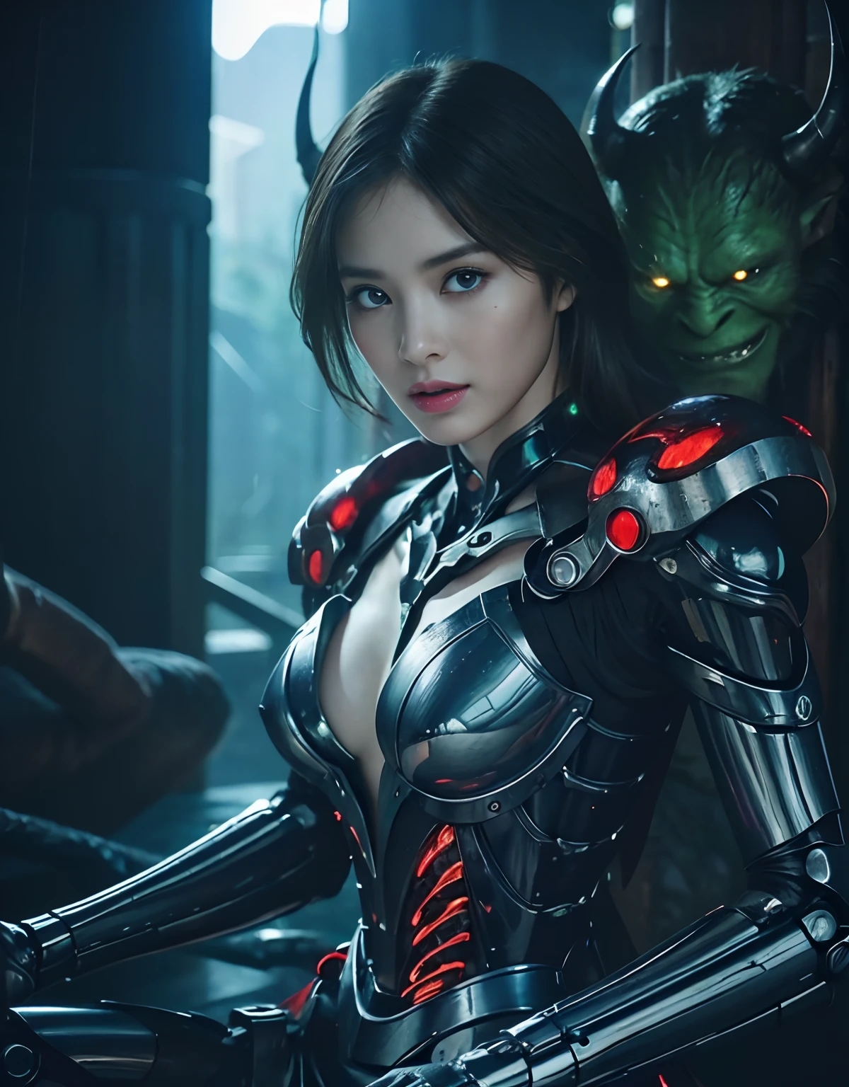 (1 Mechanical Girl)、top-quality、​masterpiece、超A high resolution、(Photorealsitic:1.4)、Raw photo、***1人、Fight mutants、glowy skin、(((1 Mechanical Girl)))、With a beautiful knife、（Green Metal Bodysuit）、(Kobold、ogre、Fierce battle with orcs),（Fight fiercely against aliens）、Fight fiercely、(beautiful forest background)、(Fighting Demonic Beasts)、(Small LED)、((super realistic details))、portlate、(Strong giant demon beast background),globalillumination、Shadow、octan render、8K、ultrasharp、Colossal tits、Raw skin is exposed in cleavage、metals、Details of complex ornaments、Japan details、highly intricate detail、Realistic light、(Mystical expression),CGSoation Trends、Blue eyes、radiant eyes、Facing the camera、neon details、(Mechanical limbs)、(blood vessels connected to tubes)、Mechanical vertebrae attached to the back、mechanical cervical attaching to neck、(Wires and cables connecting to the head)、Gundam、Small LED、,Mechanical thighs、Toostock、（Hands are also made of machines）、（Attack of the Monster Beasts）、（Wounded in a deadly battle）、