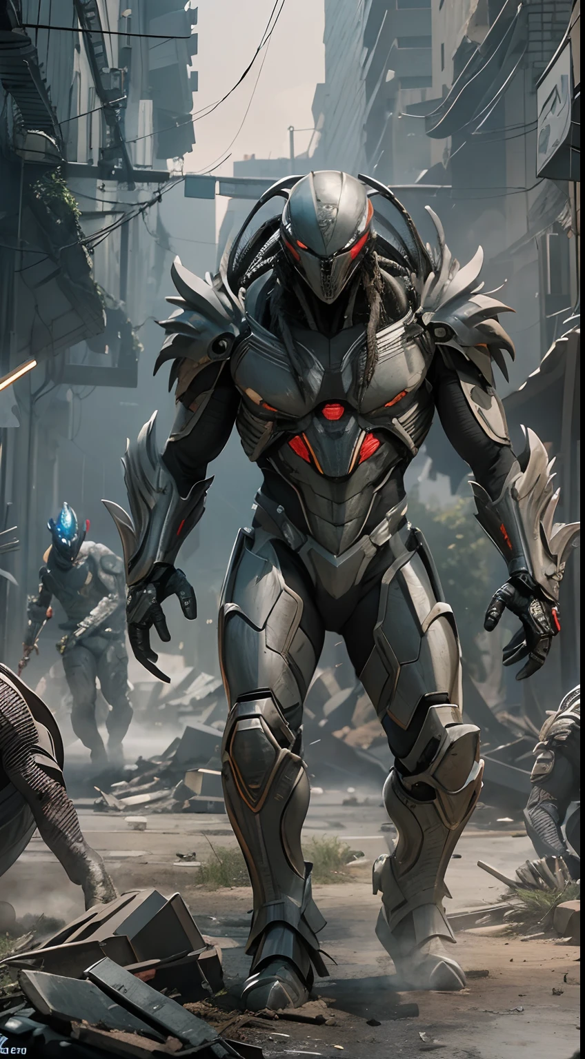 Movie scene: Predator cooperates with 4 human species, all wearing futuristic combat suits, fighting bloody alien monsters with laser knives, alien monsters with scary shapes, long heads, long claws . Epic and dramatic battle in the ruined city, futuristic design, masterpiece, best quality