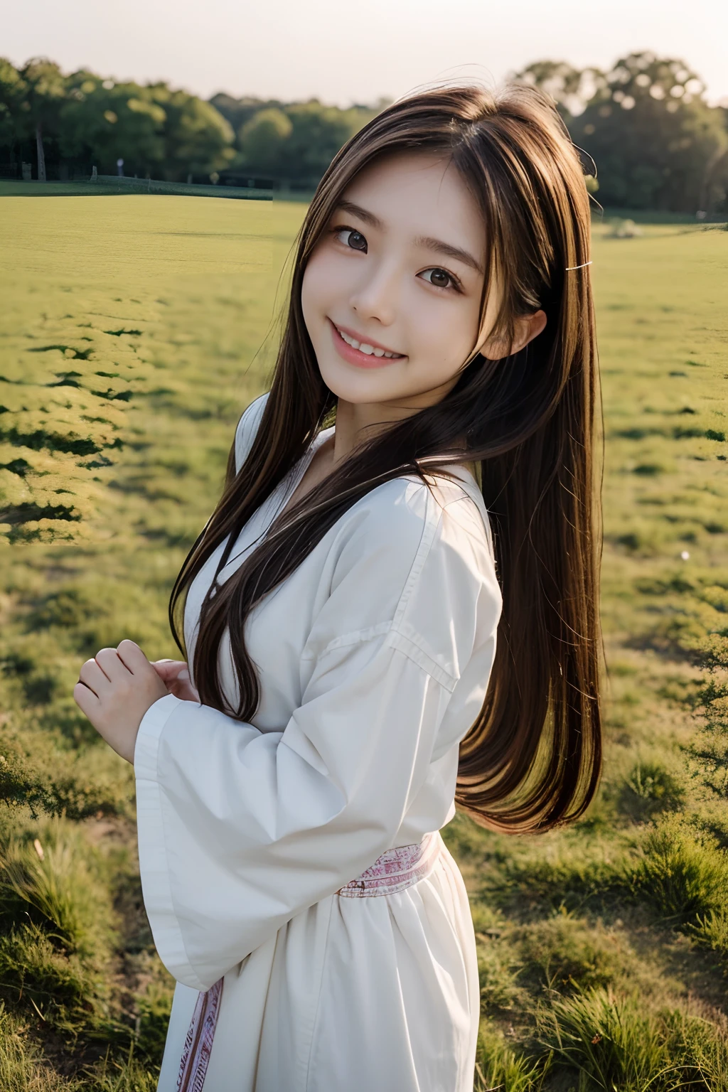 Masterpiece, Best quality, on a grassy field, Photo, Real, Huge_filesize, Little girl, Long hair, Brown hair, curly_Hair, Light smile, Small breasts, Japanese_clothes, Obi,