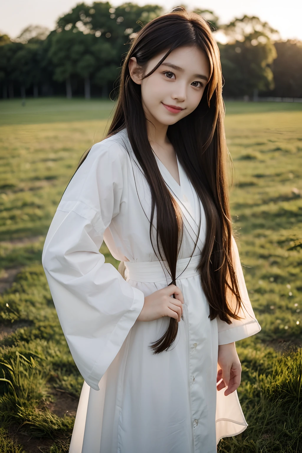 Masterpiece, Best quality, on a grassy field, Photo, Real, Huge_filesize, Little girl, Long hair, Brown hair, curly_Hair, Light smile, Small breasts, Japanese_clothes, Obi,