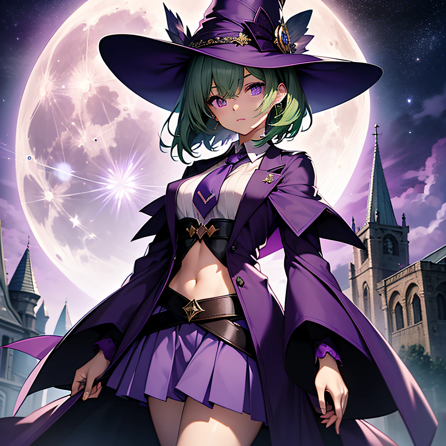 top-quality、extremely delicate and beautiful、(A girl)、Purple Eye、Lori、Chiquita、Green hair、short-haired、(purple witch hat)、Purple tie、Soio、shortsleeves、Purple skirt、Purple Wizard Robe、Navel、is standing、Full moon night on background
