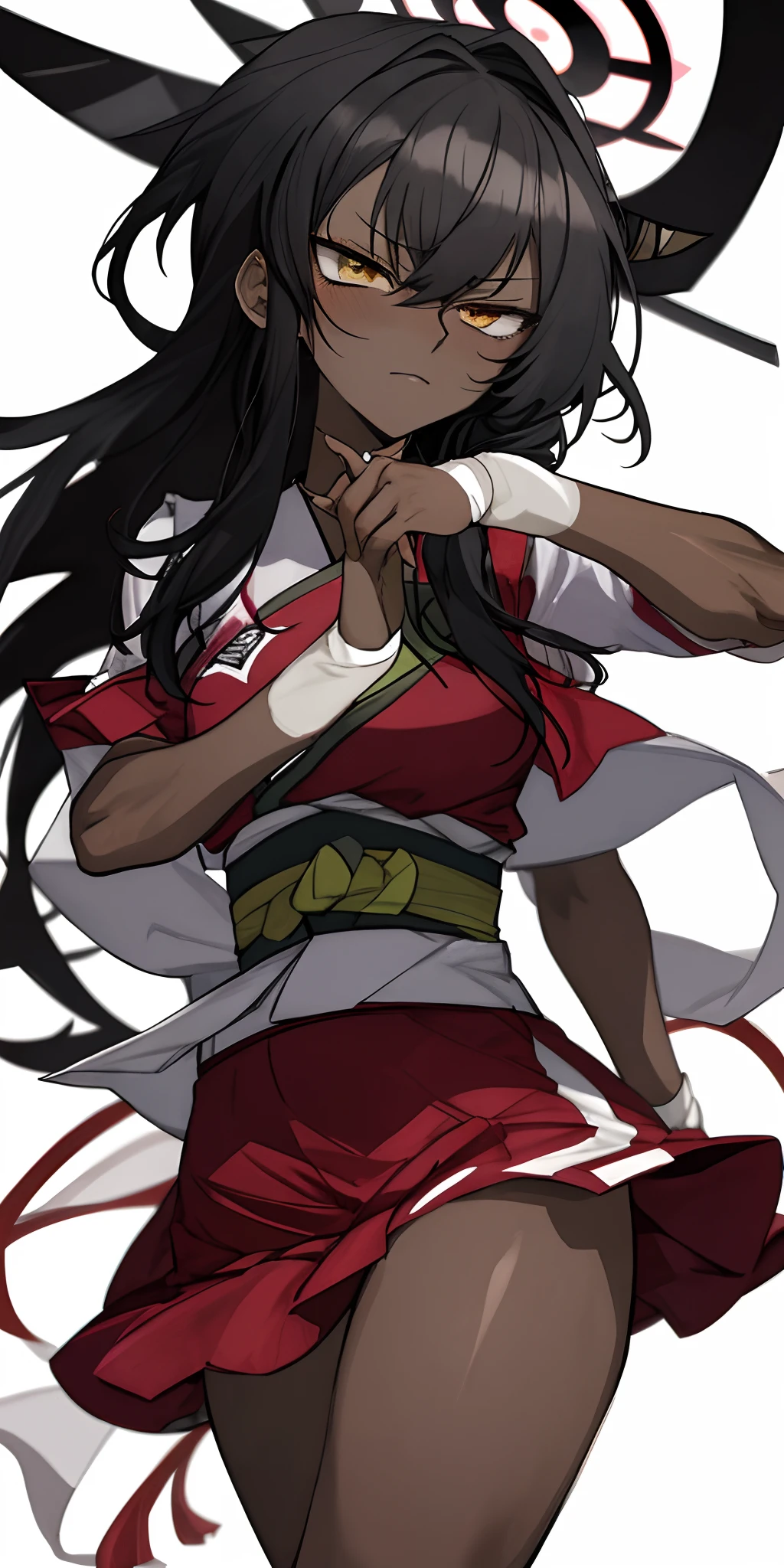 (Masterpiece, plain background:1.2) Female full body, standing straight symmetrical feet together, Pirotess dark elf, dark skin, long white hair, circlet, yellow eyes, 1990s (style), ninja Kunoichi, female 1sologirl
