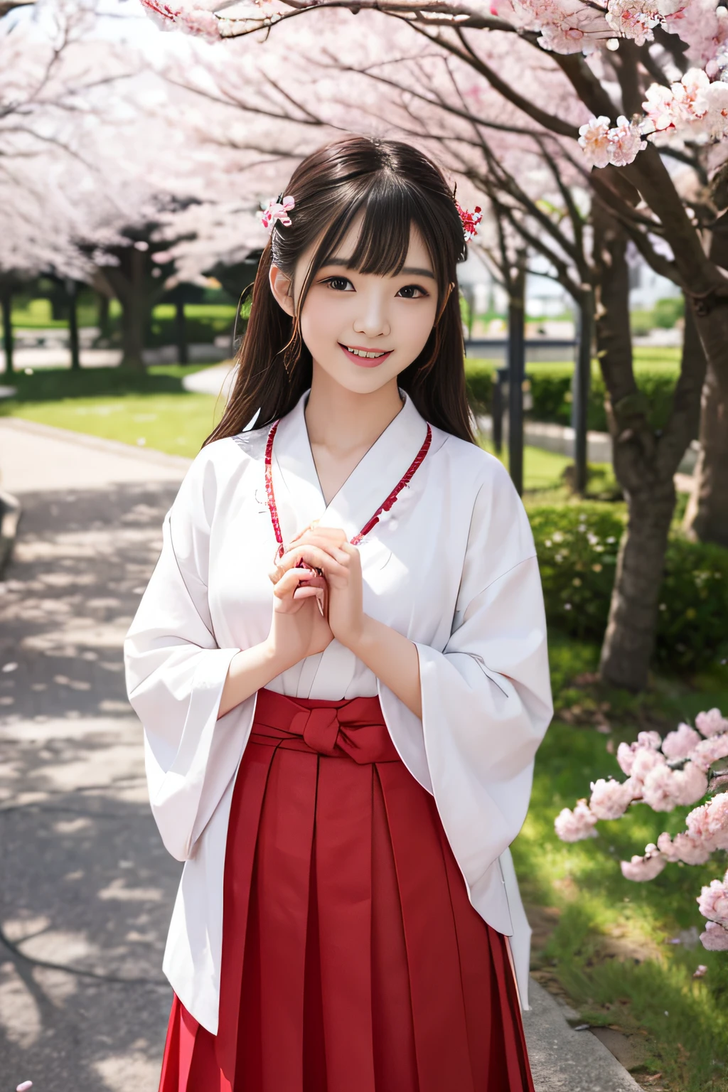 top-quality、８K、photoRealstic、1 girl in、bangss、cute little、17 age、White and vermilion hakama、A smile、long、A path lined with flourishing cherry blossom trees、cherryblossom、Vermilion pleats、