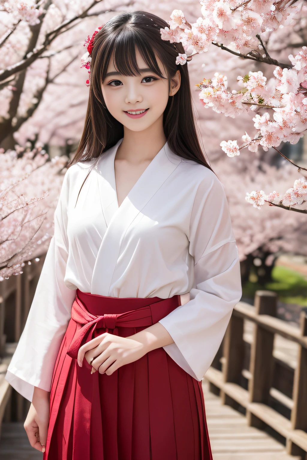 top-quality、8K、photoRealstic、1 girl in、bangss、cute little、17 age、White and vermilion hakama、A smile、long、A path lined with flourishing cherry blossom trees、cherryblossom、Vermilion pleats、