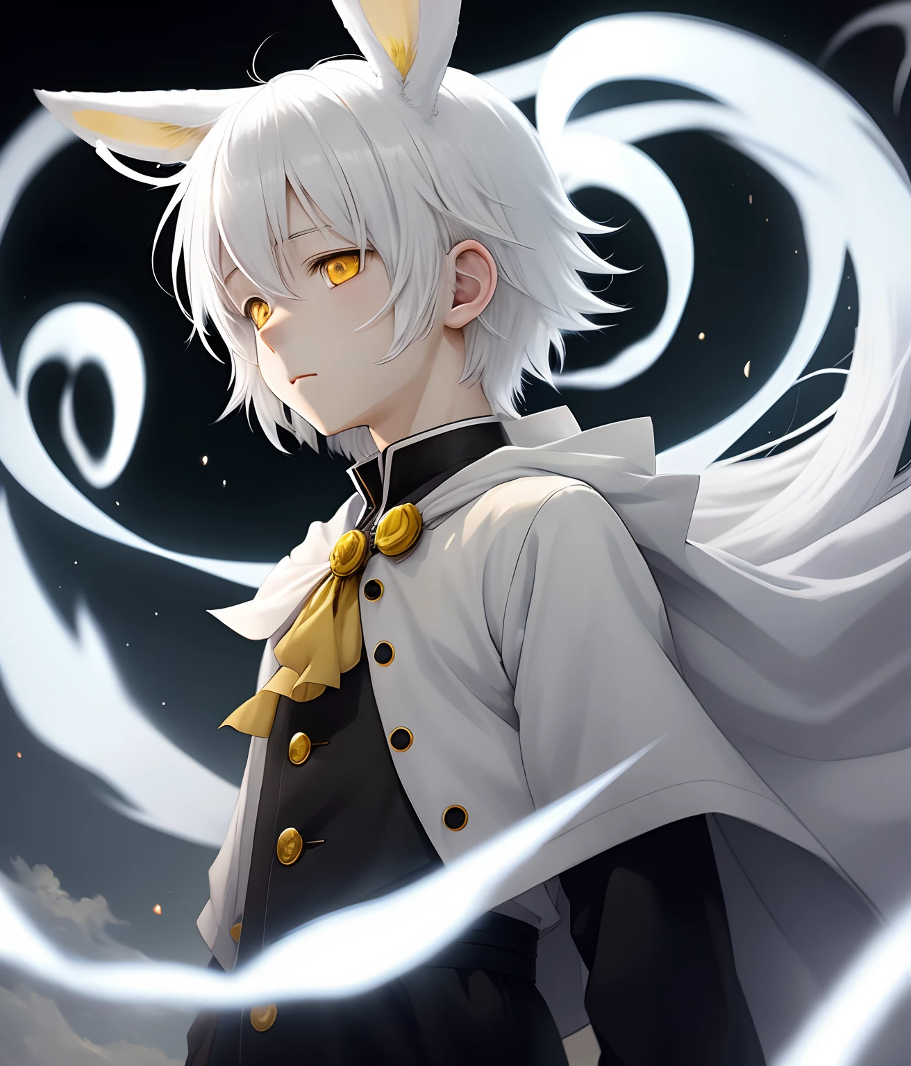 Anime illustration, White haired boy with rabbit ears with yellow eyes, as a ghost