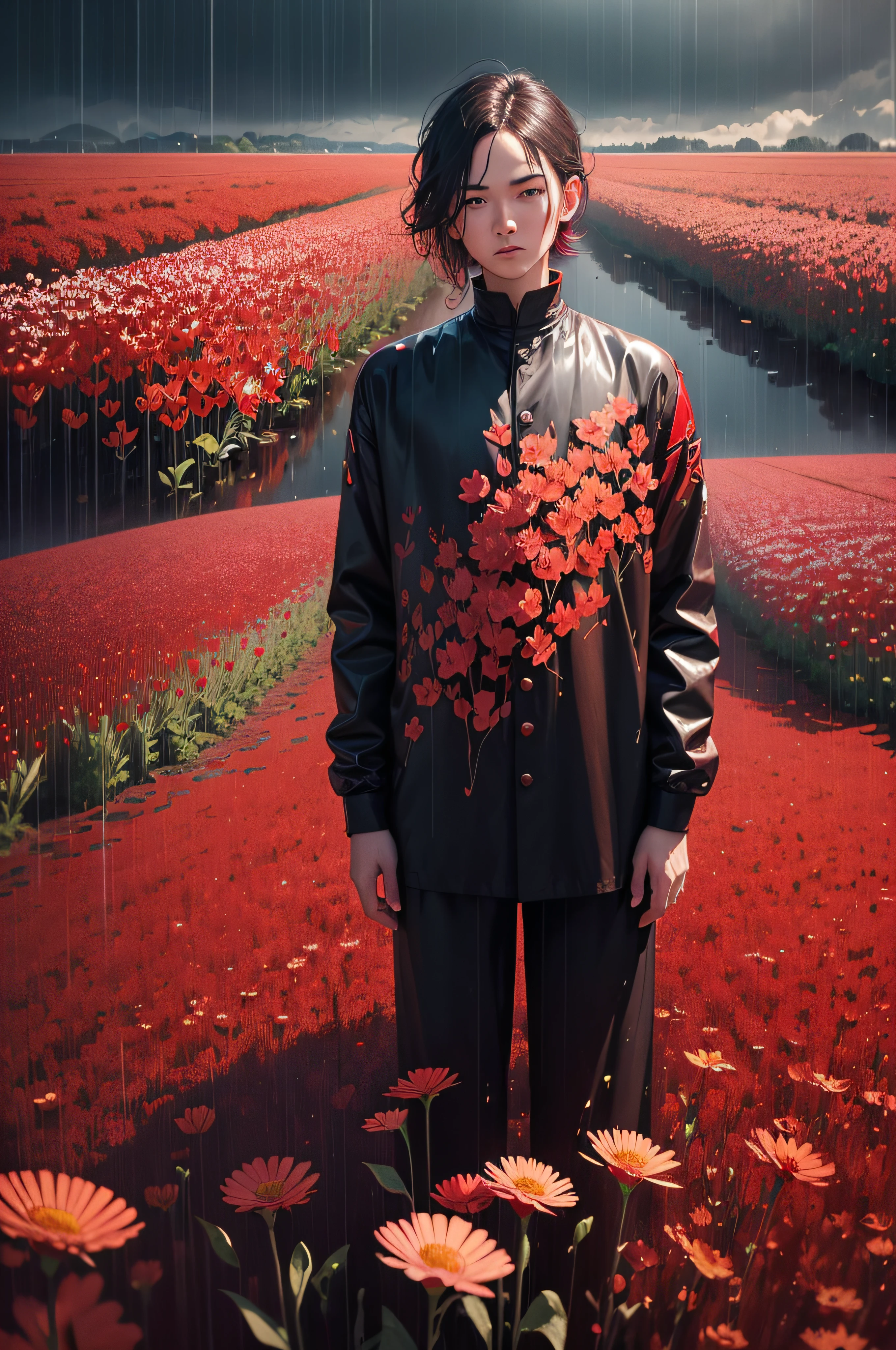 there is a man standing in a field of red flowers, beeple and james jean, flower storm portrait, colorful hyperrealism, raining portrait, colored photography, vibrant colors hyper realism, rain red color bleed, in a red dream world, album art, standing in a flower field, photography alexey gurylev, surreal colors, flowers rain everywhere, frank moth