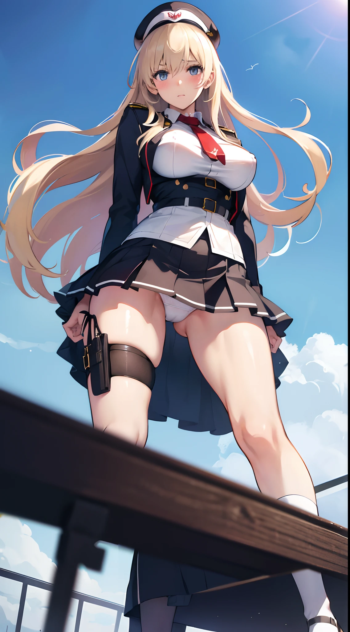 Colossal tits,(((A MILF))), (White panties), Military uniform,a miniskirt, hat, Over knee socks, thong, (((maturefemale))),The wind is blowing my skirt away, blush,groin,Blue sky, On board,blush,From below,