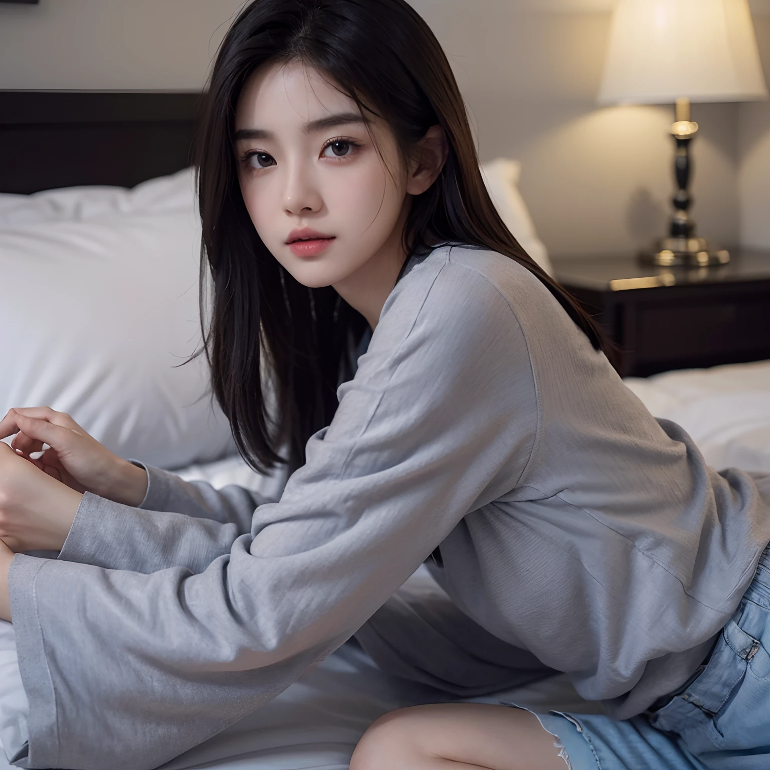 top-quality、(Photorealsitic:1.2)、1girl in、独奏、shinny skin、A detailed face、sface focus、A dark-haired、、Long cut、8K、Lying in bed、Gray shorts、White long sleeve shirt、Side view、Supporting the face with arms、Beautiful legs、girl with