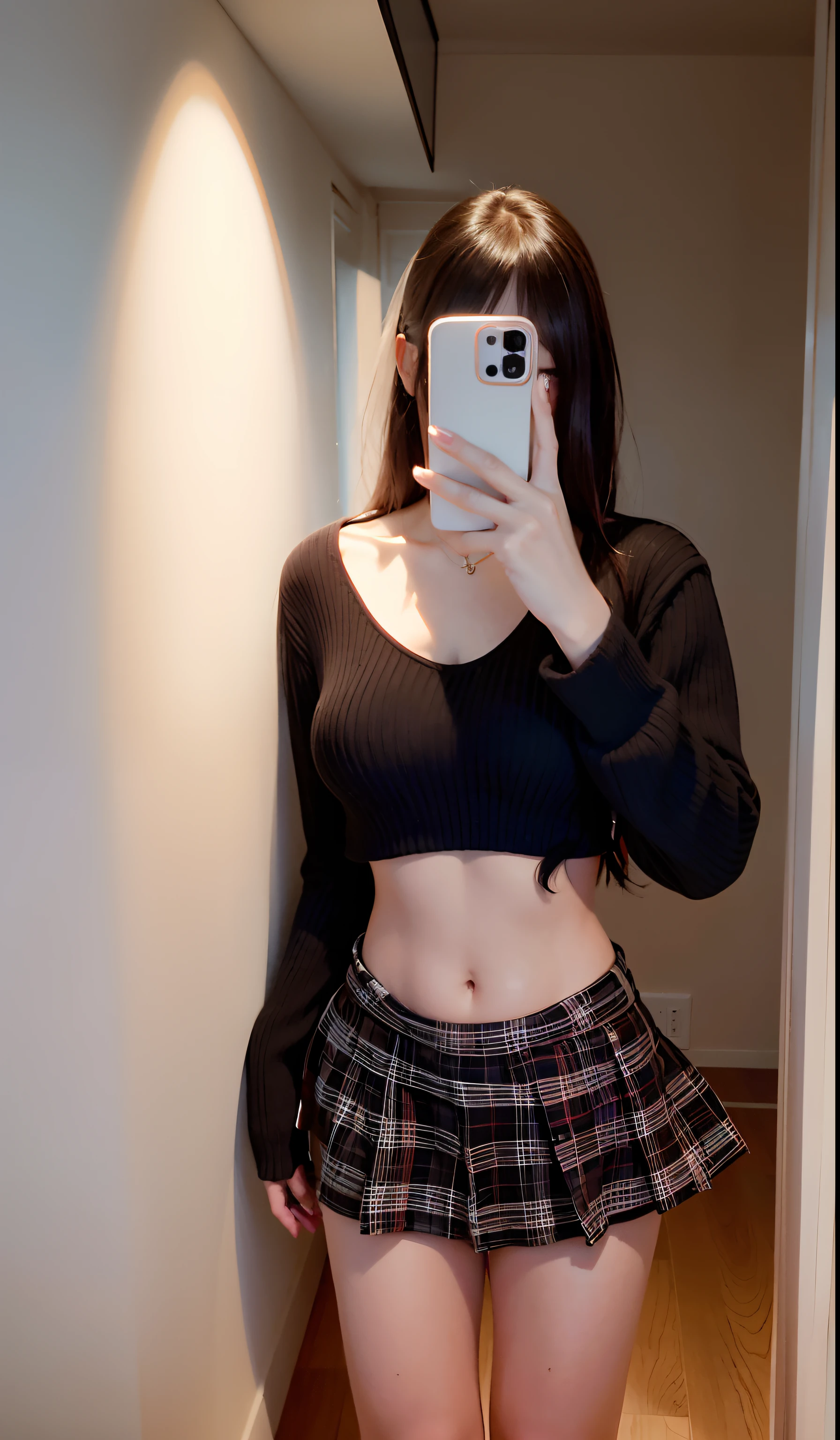 Arad woman taking a selfie in a plaid skirt, 2 4 year old female model, wearing a crop top, Black top, wearing sexy cropped top, Casual clothes, 1 8 I, Open V chest clothes, Black sweater, photo of slim girl, 4 k'' ], 4K], Anime girl in real life, 19-year-old girl