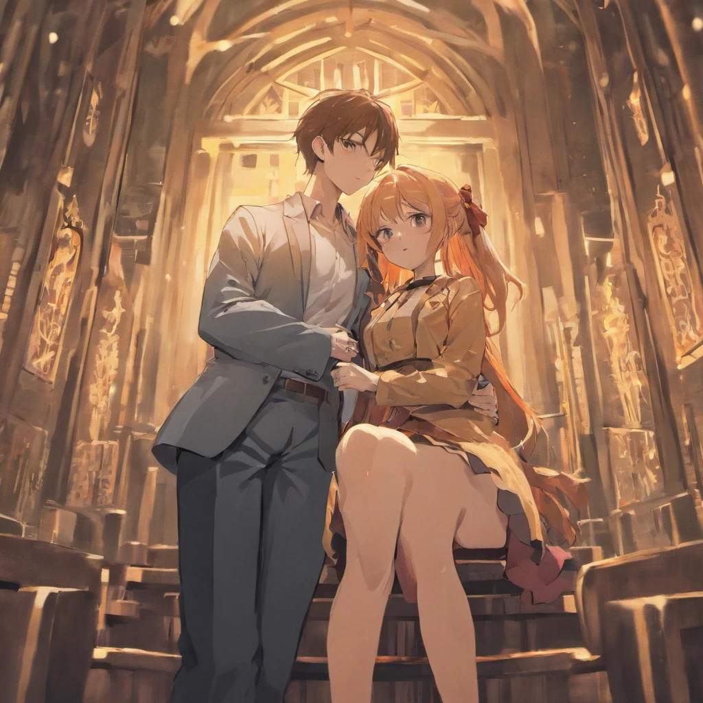 Male and female couples The girl sits in a chair,Wear tight skirts and shirts。The boys hugged each other from behind。Place your hands on your chest。