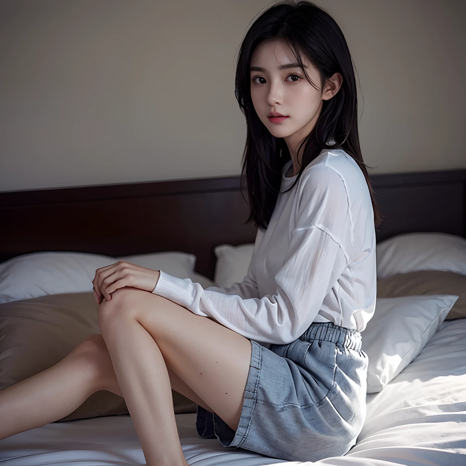top-quality、(Photorealsitic:1.2)、1girl in、独奏、shinny skin、A detailed face、sface focus、A dark-haired、、Long cut、8K、Lying in bed、Gray shorts、White long sleeve shirt、Side view、Supporting the face with arms、Beautiful legs、girl with
